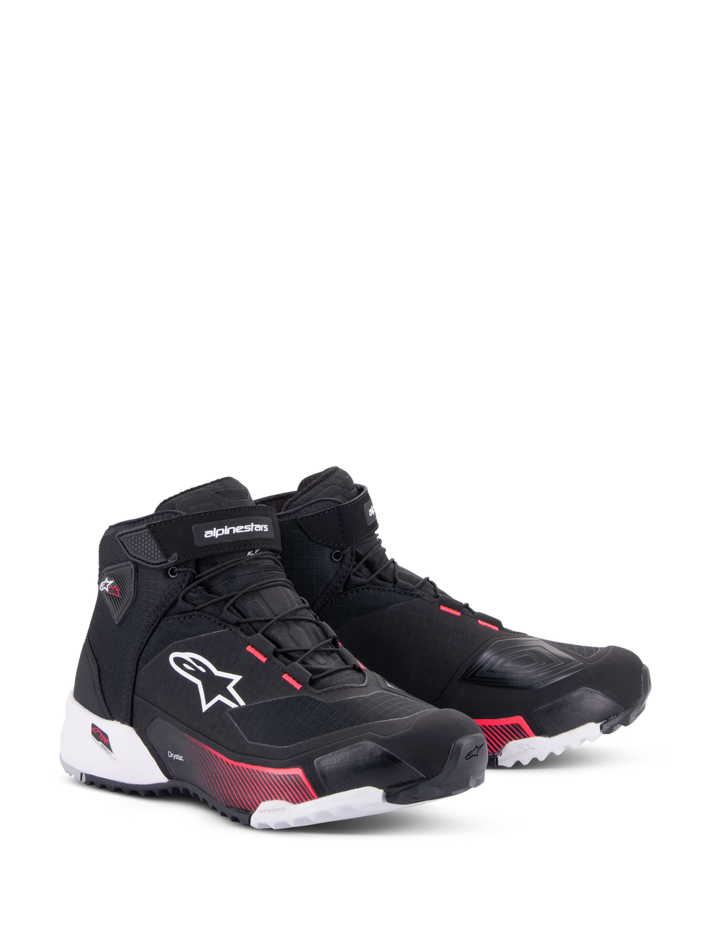 Alpinestars CR-X Damen Drystar® Motorradschuhe, Motorradschuhe, Schwarz, Weiß und Diva Pink, Dreiviertel-Frontansicht, Ripstop-Obermaterial mit weißem Alpinestars-Logo, pinkfarbene Akzente an der Zwischensohle und den Schnürösen, schlankes und schützendes Design für Touren