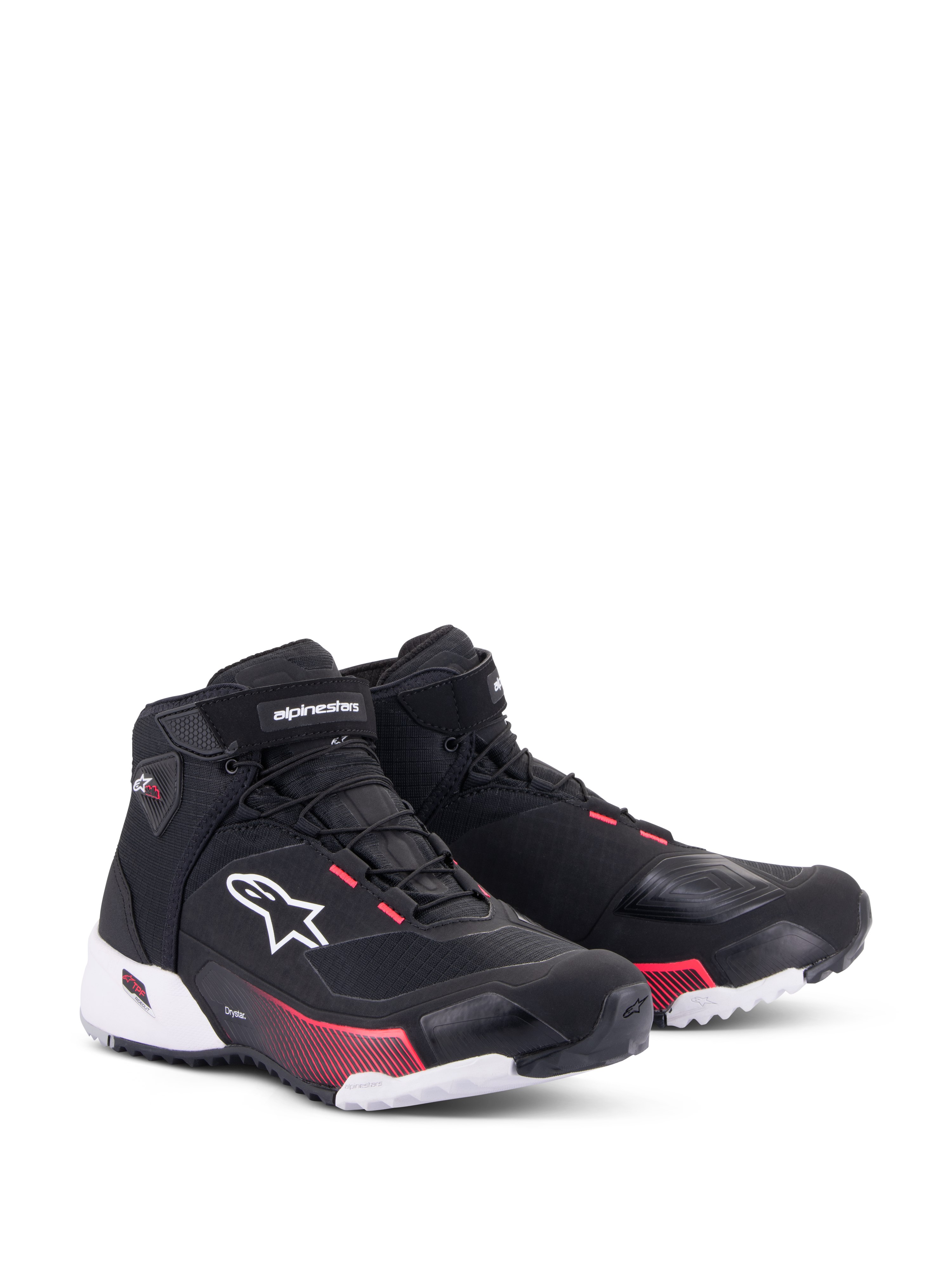Alpinestars CR-X Damen Drystar® Motorradschuhe, Motorradschuhe, Schwarz, Weiß und Diva Pink, Dreiviertel-Frontansicht, Ripstop-Obermaterial mit weißem Alpinestars-Logo, pinkfarbene Akzente an der Zwischensohle und den Schnürösen, schlankes und schützendes Design für Touren