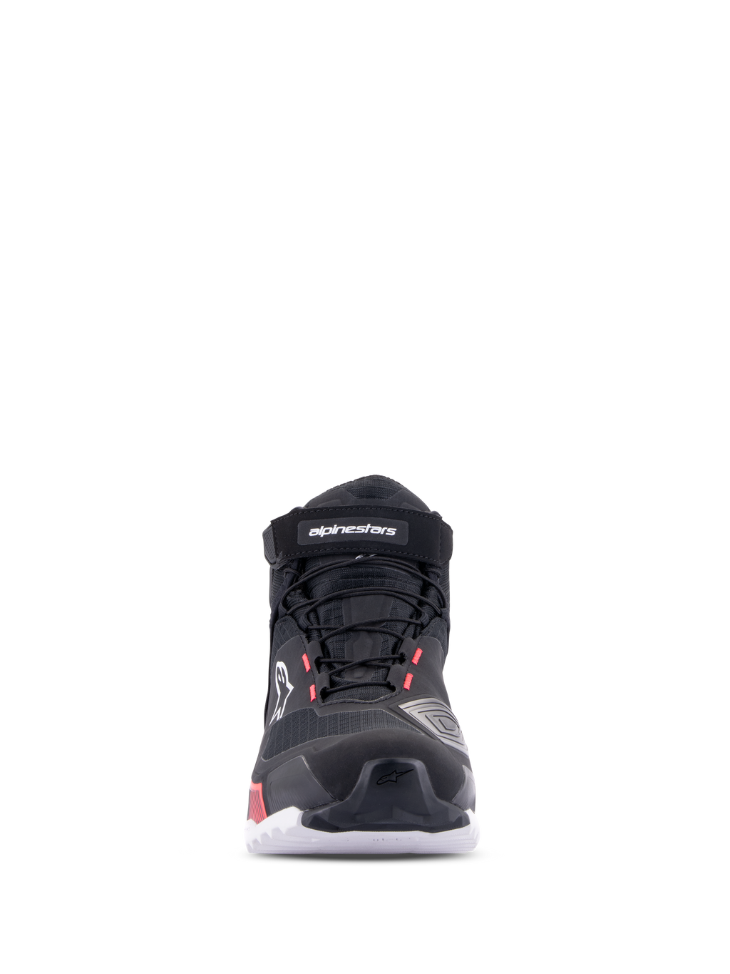Alpinestars CR-X Drystar® Damen-Motorradschuhe, Schwarz Weiß Diva Pink, Vorderansicht, wasserdichte Motorradschuhe mit technischem Textil-Obermaterial, Schnürsenkeln und Klettverschluss am Knöchel, mit weißem Branding und Diva Pink Akzenten.