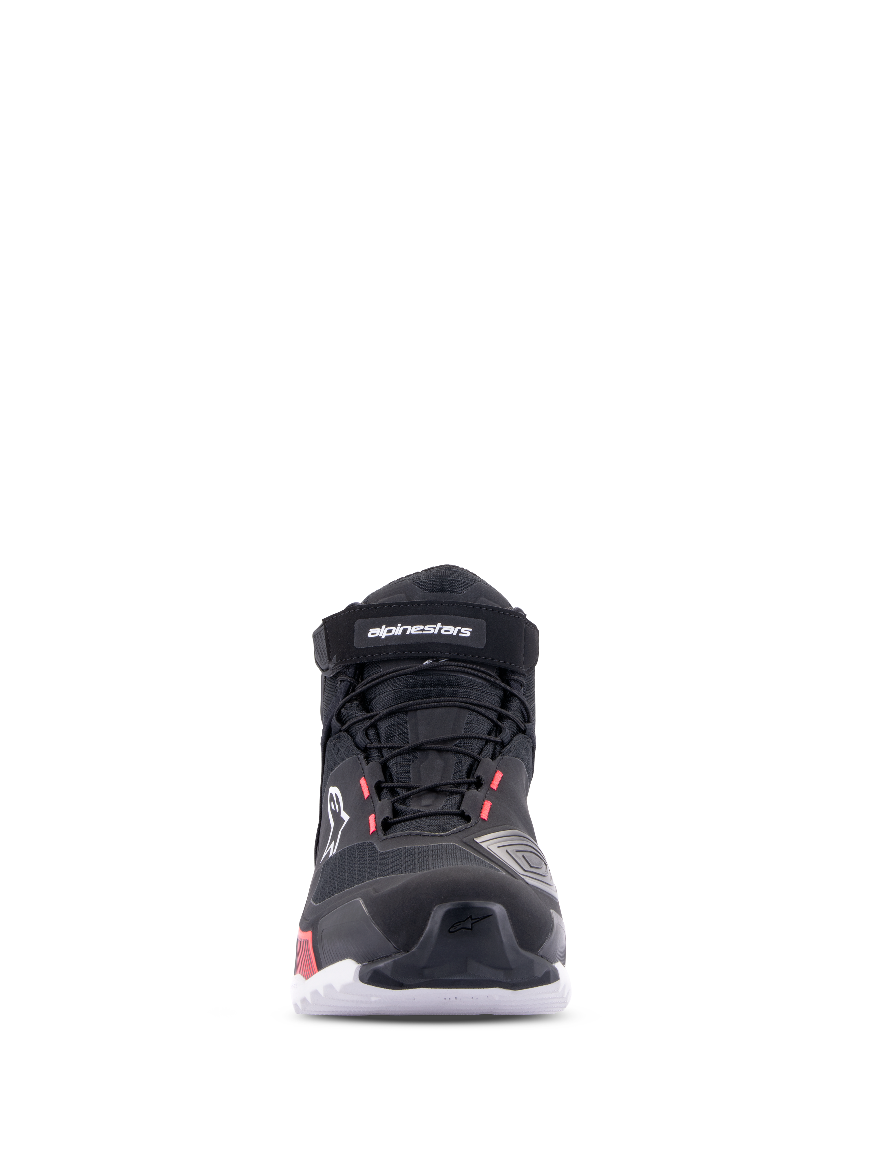Alpinestars CR-X Drystar® Damen-Motorradschuhe, Schwarz Weiß Diva Pink, Vorderansicht, wasserdichte Motorradschuhe mit technischem Textil-Obermaterial, Schnürsenkeln und Klettverschluss am Knöchel, mit weißem Branding und Diva Pink Akzenten.