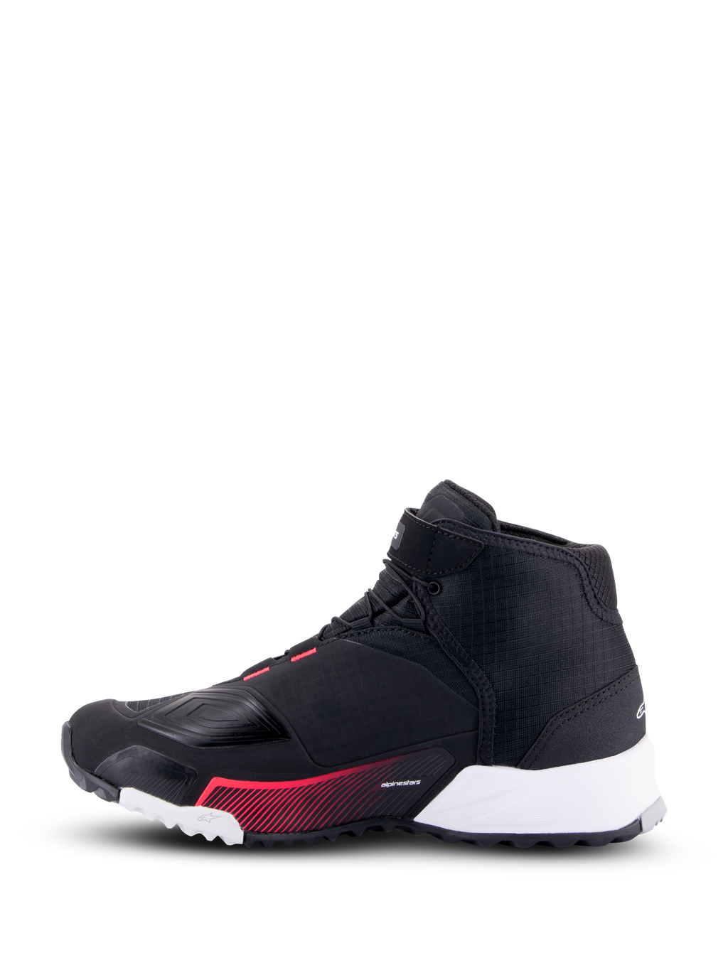 Alpinestars CR-X Damen Drystar® Fahrerschuh, Motorradschuh, Schwarz Weiß und Diva Pink, Seitenansicht mit schwarzem Ripstop-Obermaterial, weißem Fersenbereich und pinkfarbenen Grafikakzenten, urbaner Stil mit Schutzfunktionen