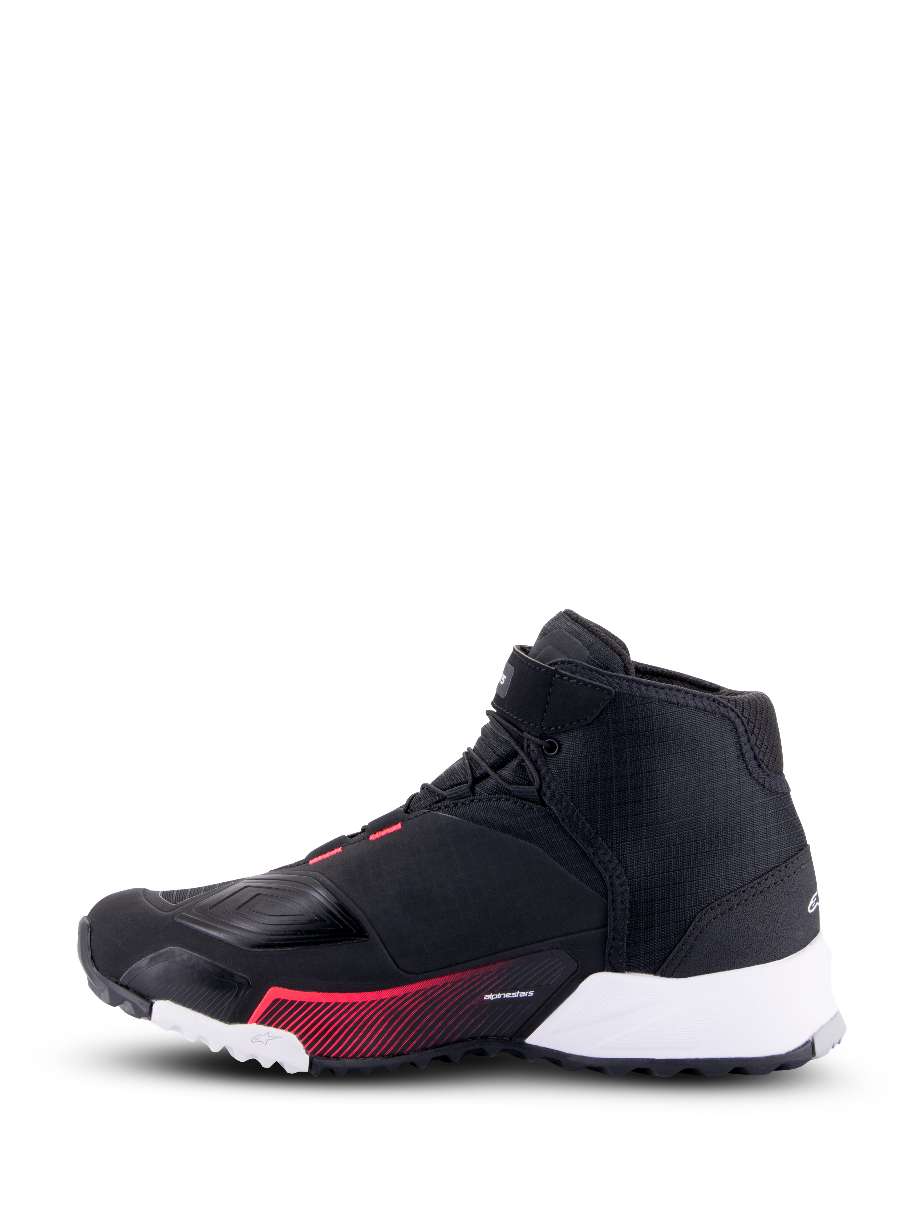Alpinestars CR-X Damen Drystar® Fahrerschuh, Motorradschuh, Schwarz Weiß und Diva Pink, Seitenansicht mit schwarzem Ripstop-Obermaterial, weißem Fersenbereich und pinkfarbenen Grafikakzenten, urbaner Stil mit Schutzfunktionen
