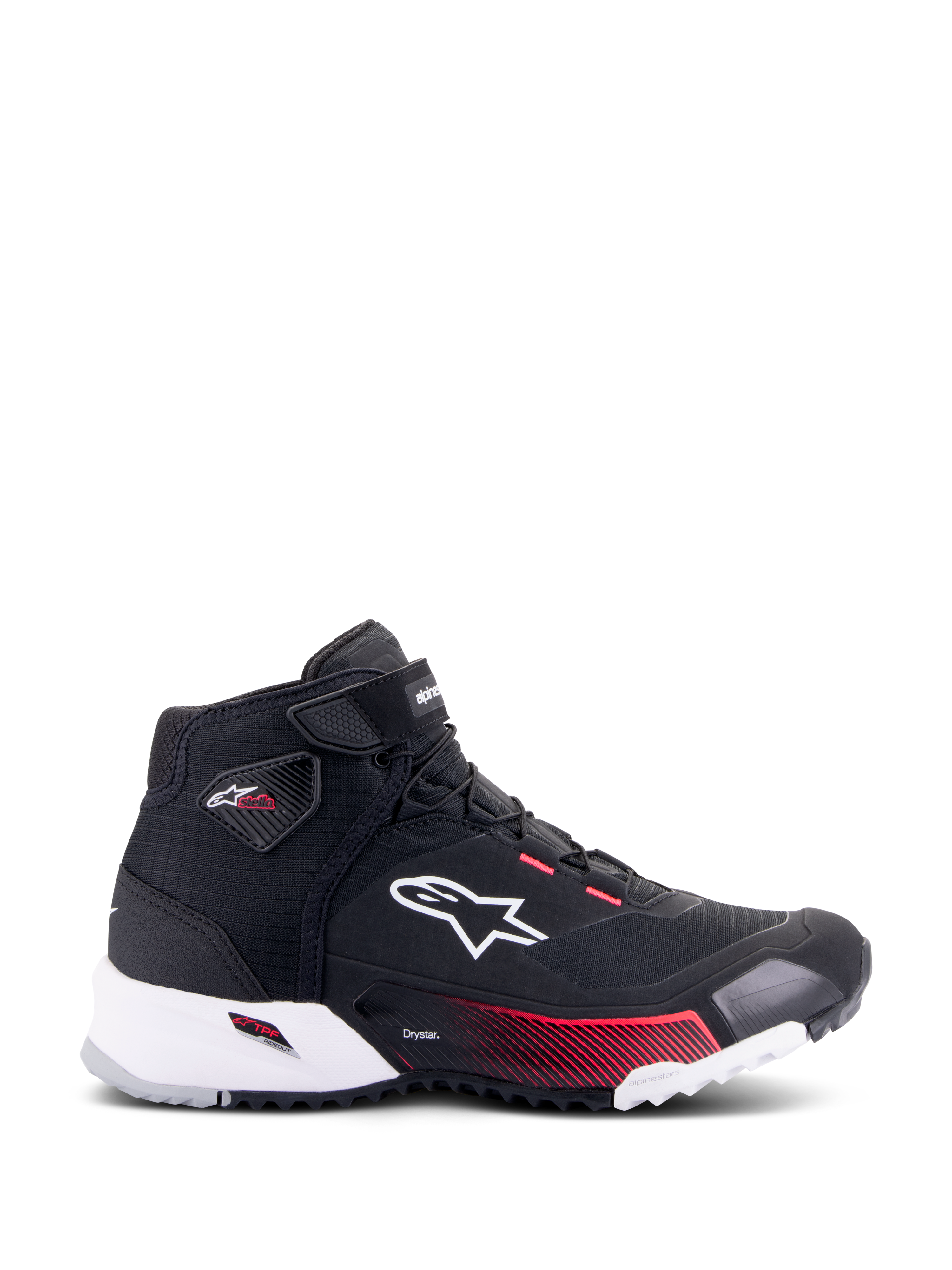 Alpinestars CR-X Damen Drystar® Fahrerschuh, Motorradschuh, Schwarz, Weiß und Diva Pink, Profilansicht mit weißem Alpinestars-Logo, pinkfarbenen Verlaufsakzenten an der Zwischensohle und Stella-Branding am Knöchel, schlankes wasserdichtes Design im Sneaker-Stil.