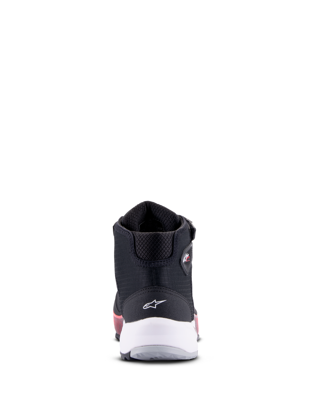 Alpinestars CR-X Drystar® Damen-Motorradschuh, Schwarz, Weiß und Diva Pink, Rückansicht mit weißer Fersenstütze und Stern-Logo, technisches Motorrad-Schuhwerk mit pinkfarbenen Akzenten an der Sohle