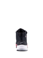 Alpinestars CR-X Drystar® Damen-Motorradschuh, Schwarz, Weiß und Diva Pink, Rückansicht mit weißer Fersenstütze und Stern-Logo, technisches Motorrad-Schuhwerk mit pinkfarbenen Akzenten an der Sohle
