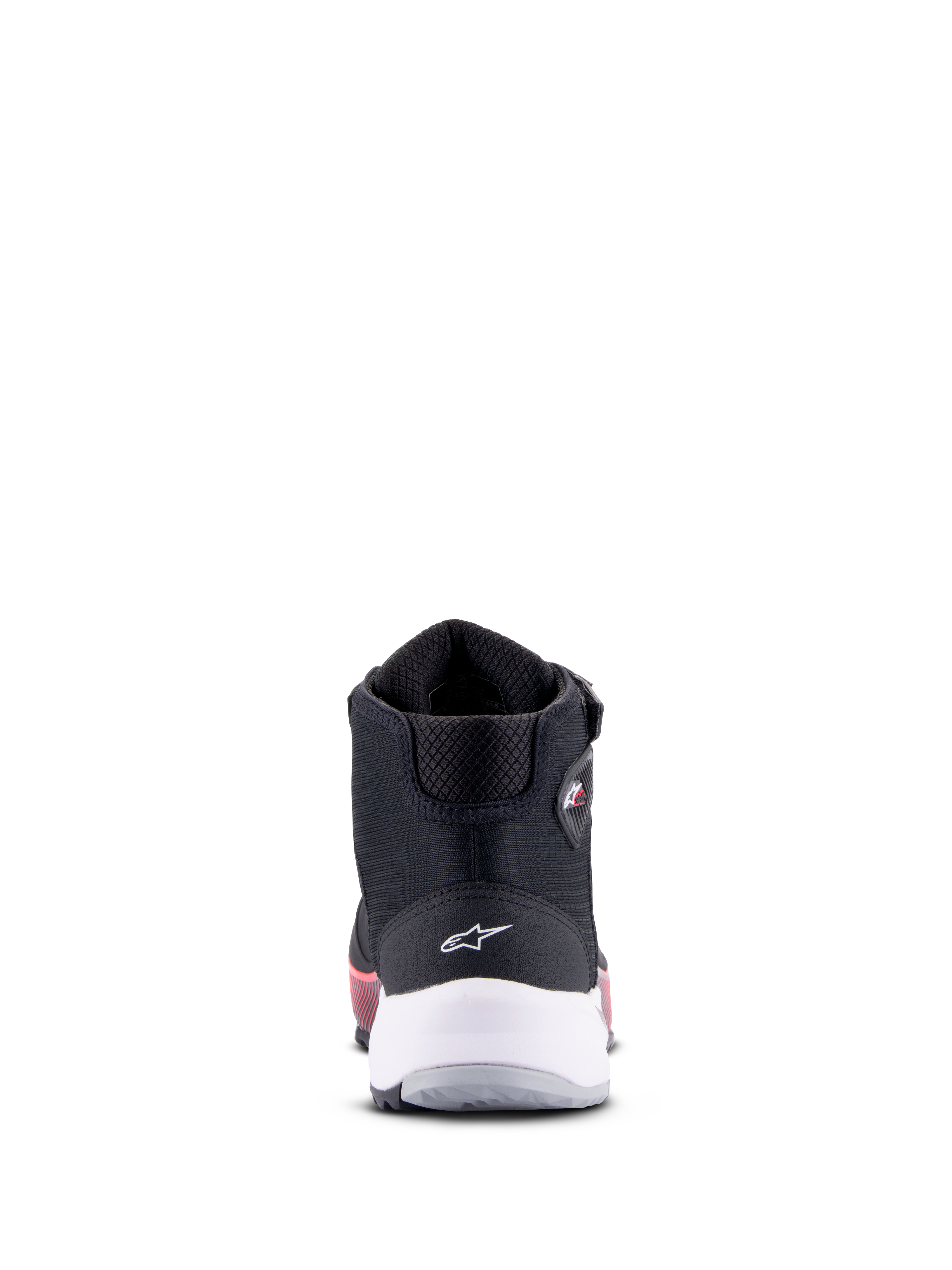 Alpinestars CR-X Drystar® Damen-Motorradschuh, Schwarz, Weiß und Diva Pink, Rückansicht mit weißer Fersenstütze und Stern-Logo, technisches Motorrad-Schuhwerk mit pinkfarbenen Akzenten an der Sohle