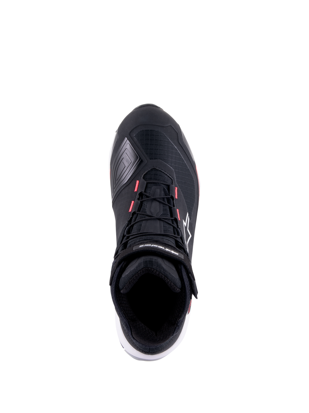 Alpinestars CR-X Women's Drystar Motorradschuh, Schwarz, Weiß und Diva Pink, Draufsicht mit technischem Ripstop-Obermaterial, pinkfarbenen Akzenten an den Schnürsenkelösen und Alpinestars-Logo auf dem Knöchelriemen und der Seite.