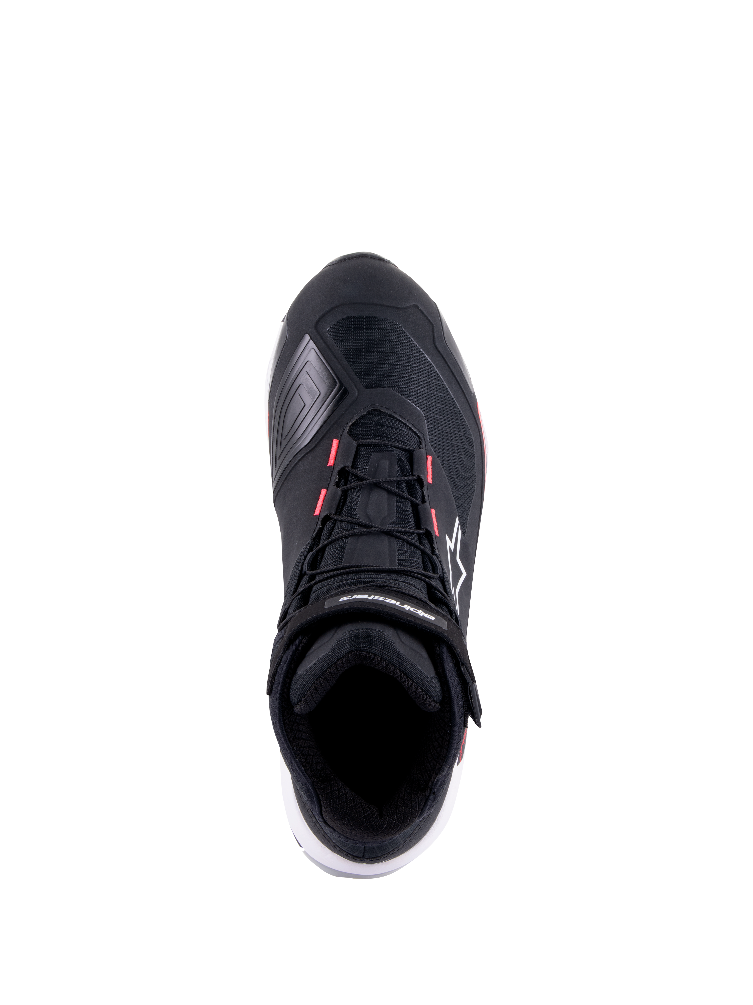 Alpinestars CR-X Women's Drystar Motorradschuh, Schwarz, Weiß und Diva Pink, Draufsicht mit technischem Ripstop-Obermaterial, pinkfarbenen Akzenten an den Schnürsenkelösen und Alpinestars-Logo auf dem Knöchelriemen und der Seite.
