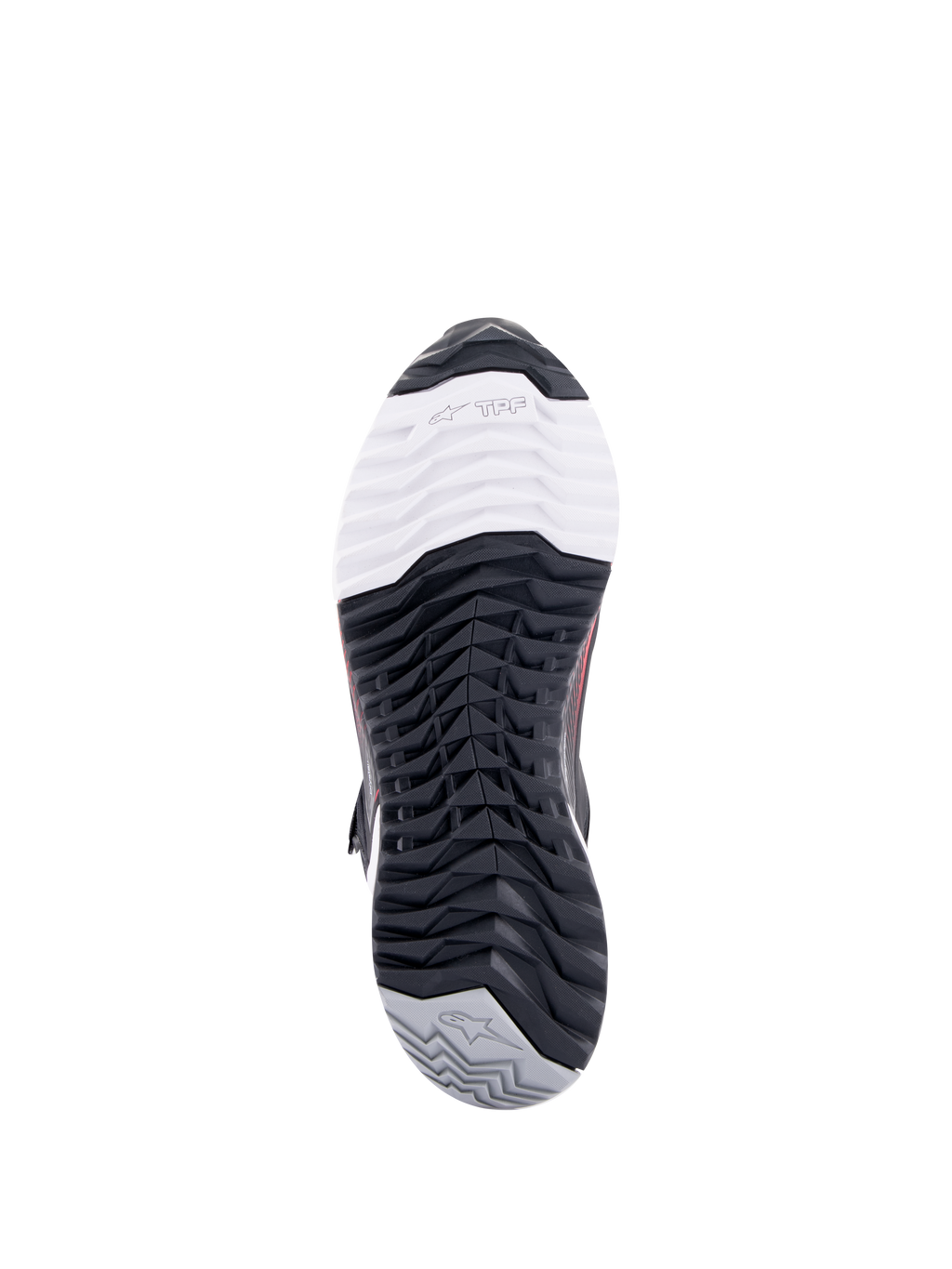 Alpinestars CR-X Damen Drystar® Motorradschuh, Unteransicht der Außensohle, mit TPF Transversal Protection Frame Branding auf weißem Zehenbereich, schwarzem multidirektionalem Profil und grauer Ferse mit Stern-Logo.