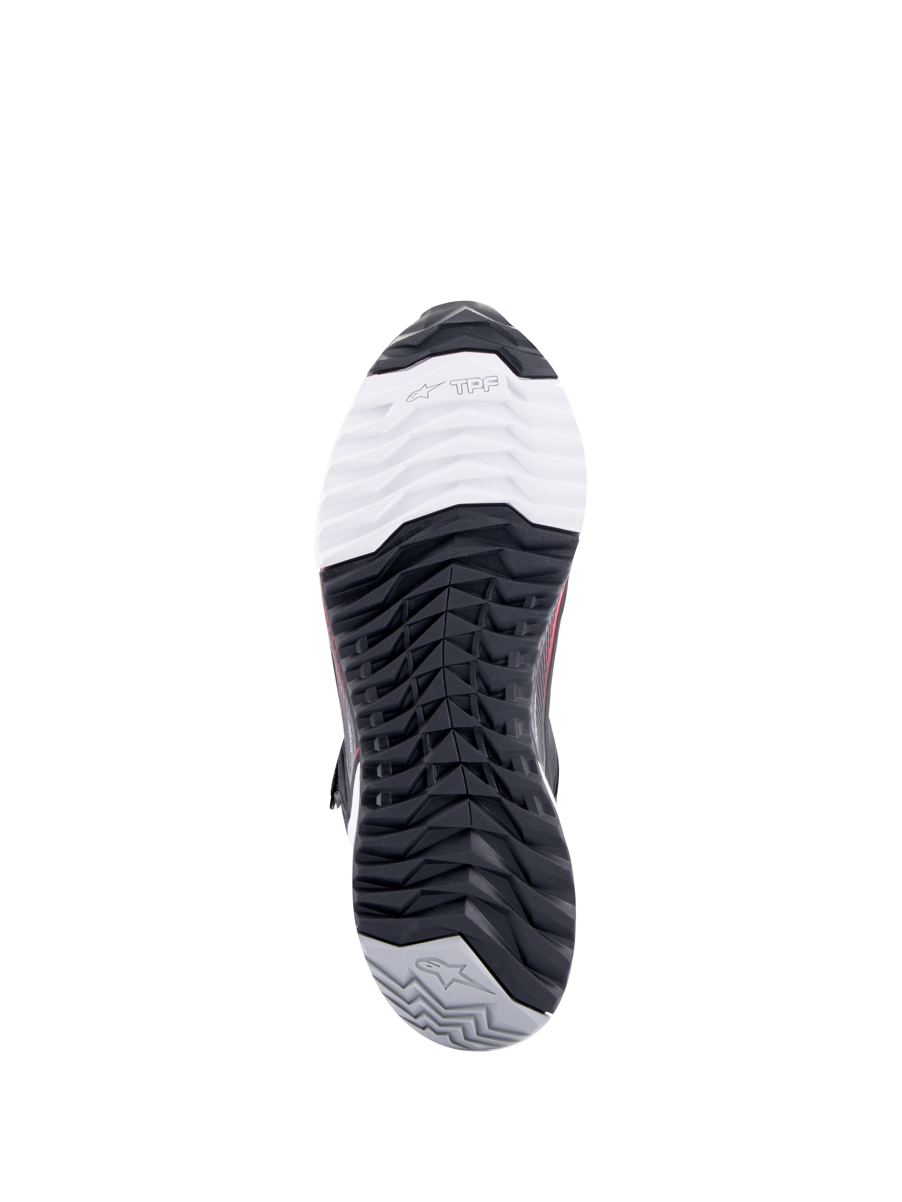 Alpinestars CR-X Damen Drystar® Motorradschuh, Unteransicht der Außensohle, mit TPF Transversal Protection Frame Branding auf weißem Zehenbereich, schwarzem multidirektionalem Profil und grauer Ferse mit Stern-Logo.