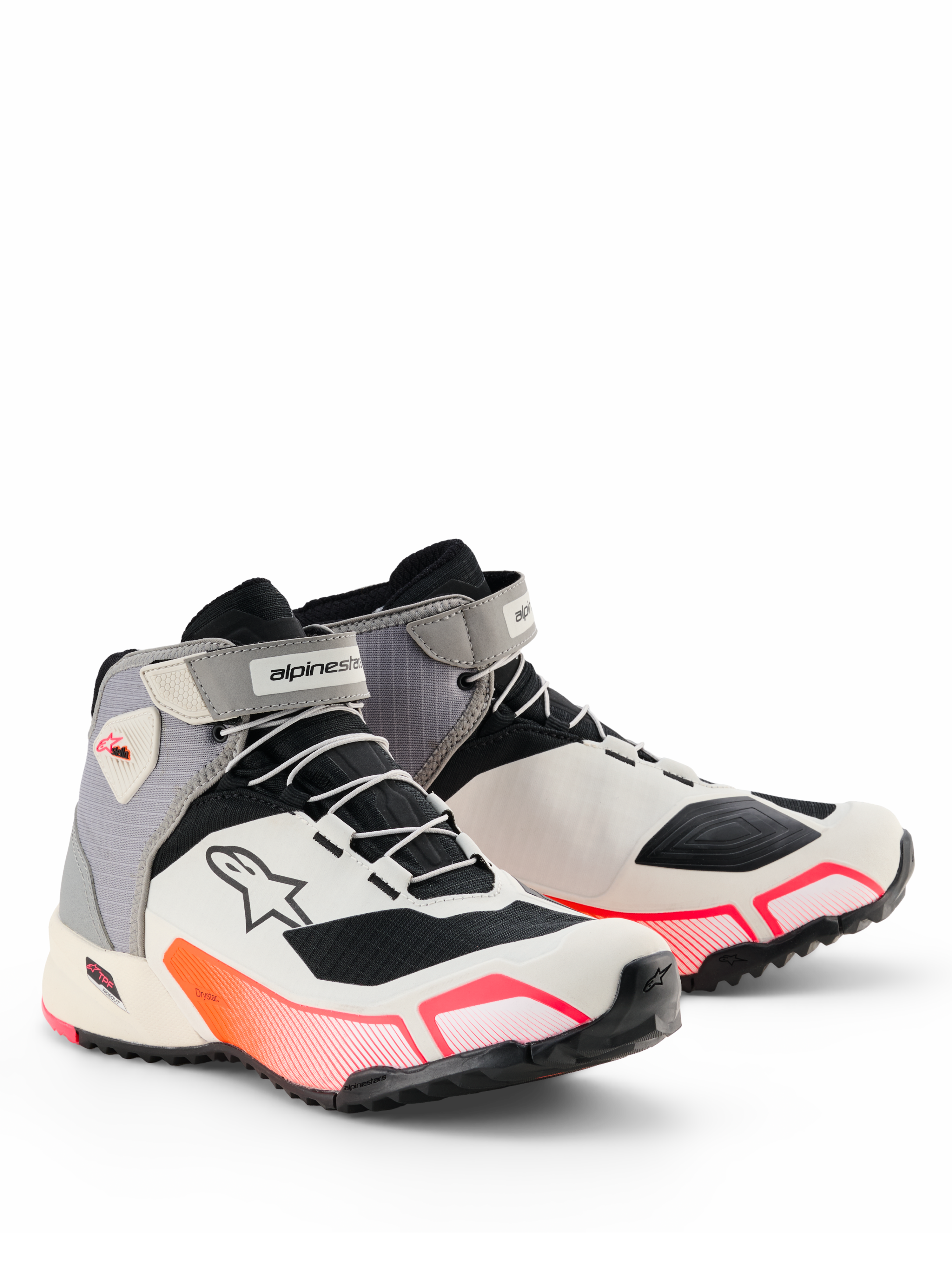 Alpinestars CR-X Damen Drystar® Motorradschuhe, Weiß Mittelgrau Schwarz Diva Pink, schlanke sportliche Silhouette mit leuchtend pinken Verlaufsakzenten, Klettverschluss am Knöchel und Astar-Logo an der Seite, wasserfestes Schutzschuhwerk für den Straßeneinsatz