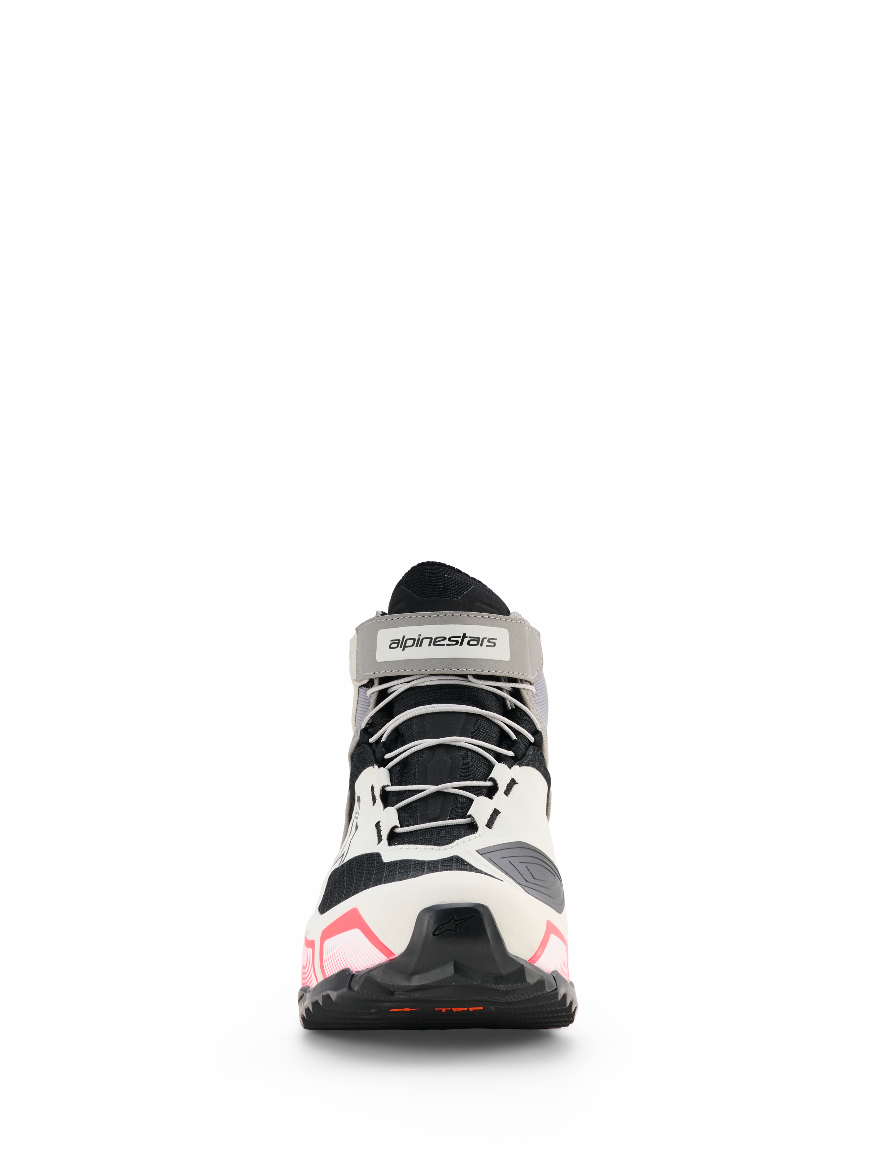 Alpinestars CR-X Damen Drystar® Motorradschuhe, Damen-Motorradschuhe, Weiß, Mittelgrau, Schwarz und Diva Pink, Vorderansicht mit grauen Schnürsenkeln und Marken-Knöchelriemen, sportliches Design mit pinkfarbenen Akzenten an der Sohle, wasserdichtes Motorradschuhwerk