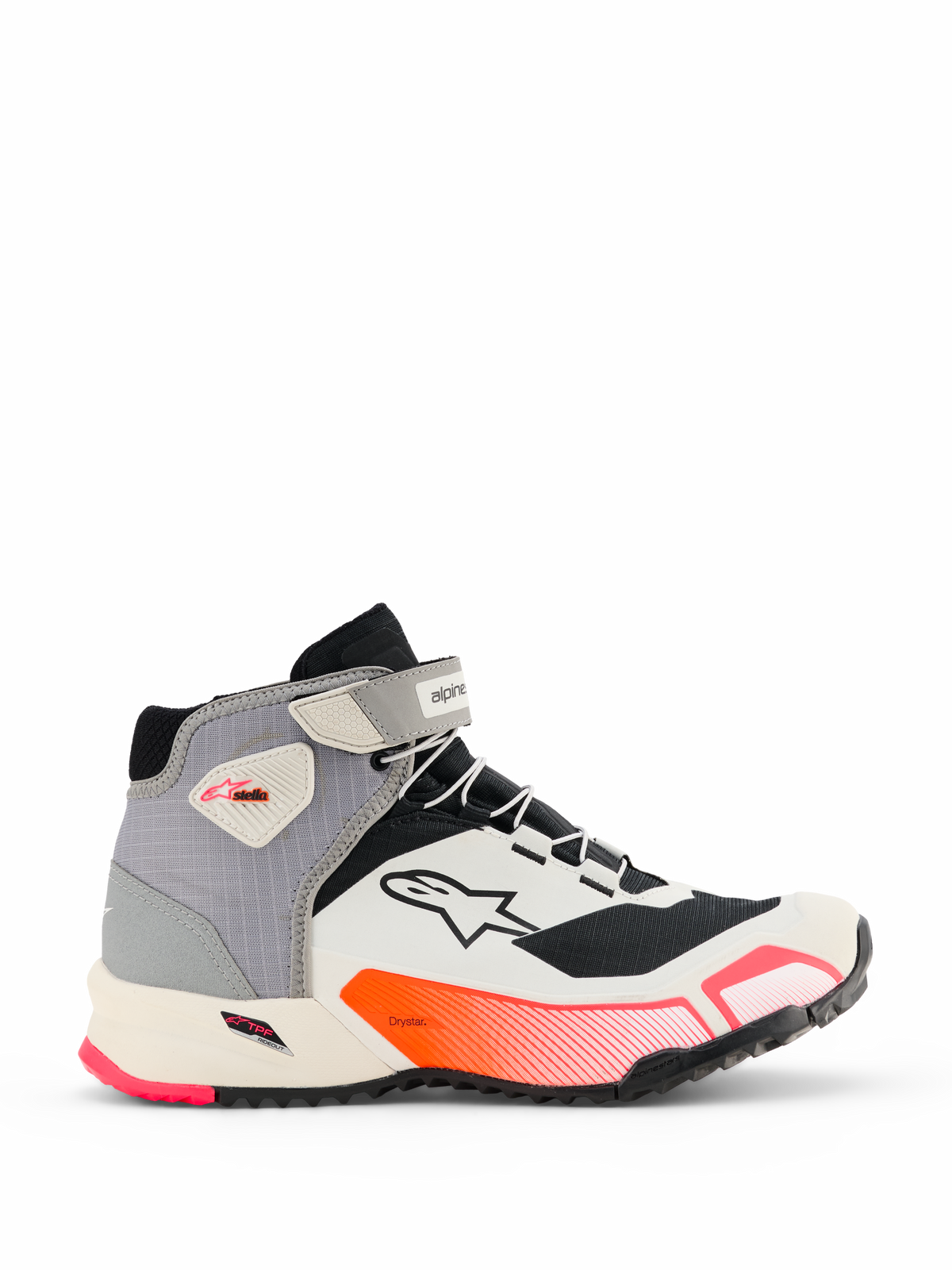 Alpinestars CR-X Damen Drystar® Motorradschuhe, hohe Motorrad-Sneaker in Weiß, Mittelgrau, Schwarz und Diva-Pink, Seitenansicht mit Knöchelriemen, profilierte Grip-Sohle, sportliches Design für den urbanen Einsatz