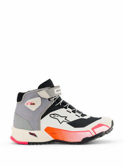 Alpinestars CR-X Women's Drystar Riding Shoes, mid-top motorcycle riding sneakers in White, Mid Gray, Black, and Diva Pink, side view showing ankle strap, textured grip sole, and athletic design for urban commuting.