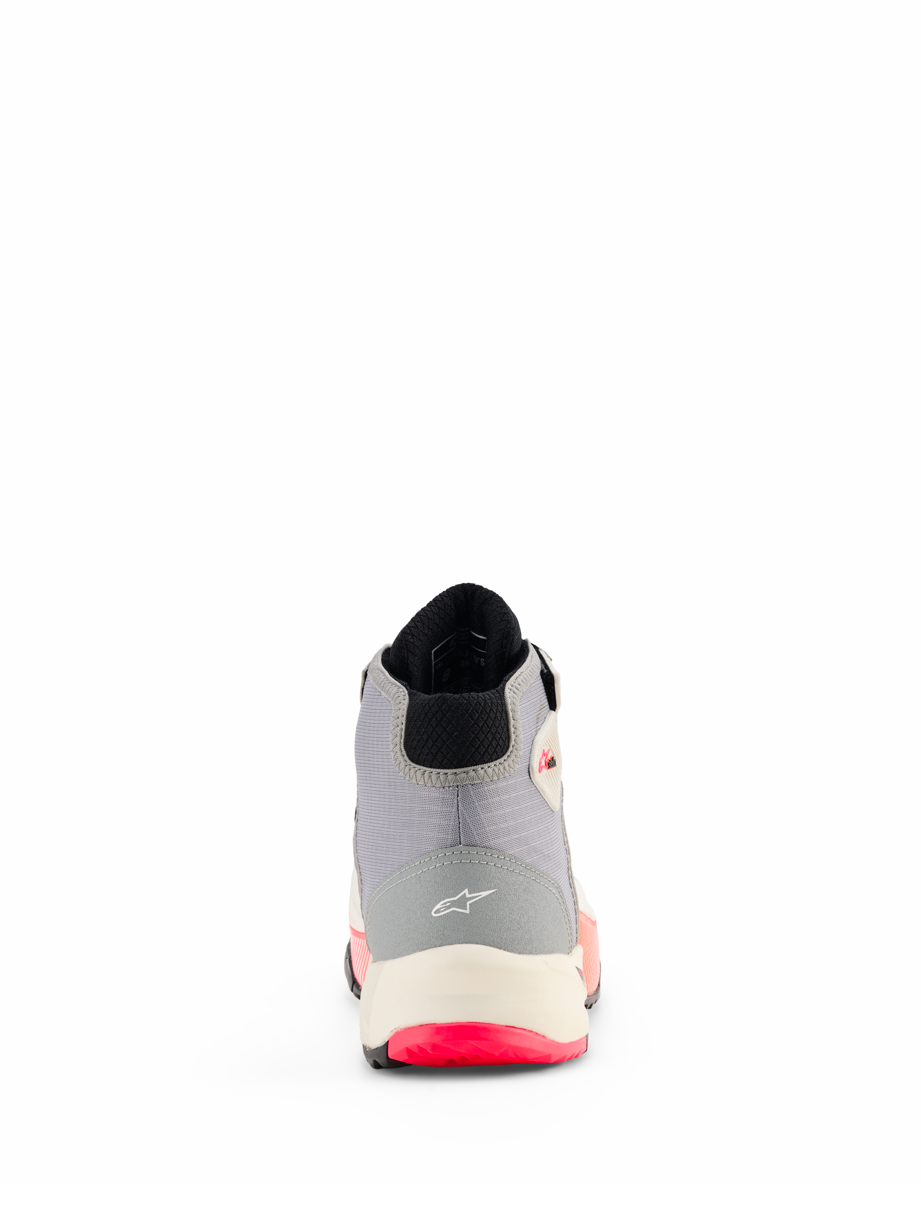 Alpinestars CR-X Damen Drystar® Motorradschuhe, Weiß Mittelgrau Schwarz und Diva Pink, Rückansicht zeigt Fersenkonstruktion mit Alpinestars-Logo, weiße Zwischensohle und leuchtend pinke Details der Außensohle.