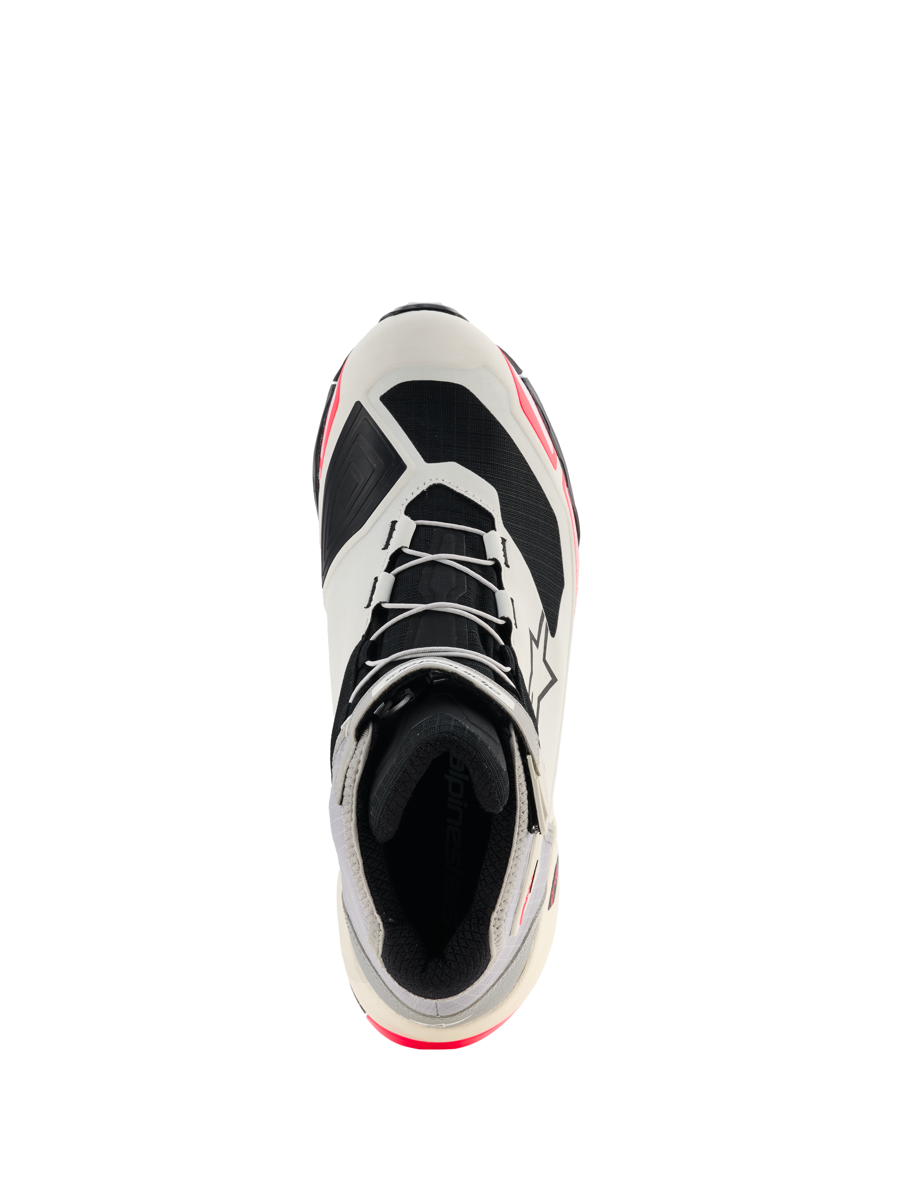 Alpinestars CR-X Damen-Drystar® Motorradschuhe, Weiß, Mittelgrau, Schwarz und Diva Pink, Draufsicht mit Fokus auf Schnürung und Innenfutter, sportliches, von Laufschuhen inspiriertes Design mit pinkfarbenen Akzenten, wasserdichte Motorradschuhe