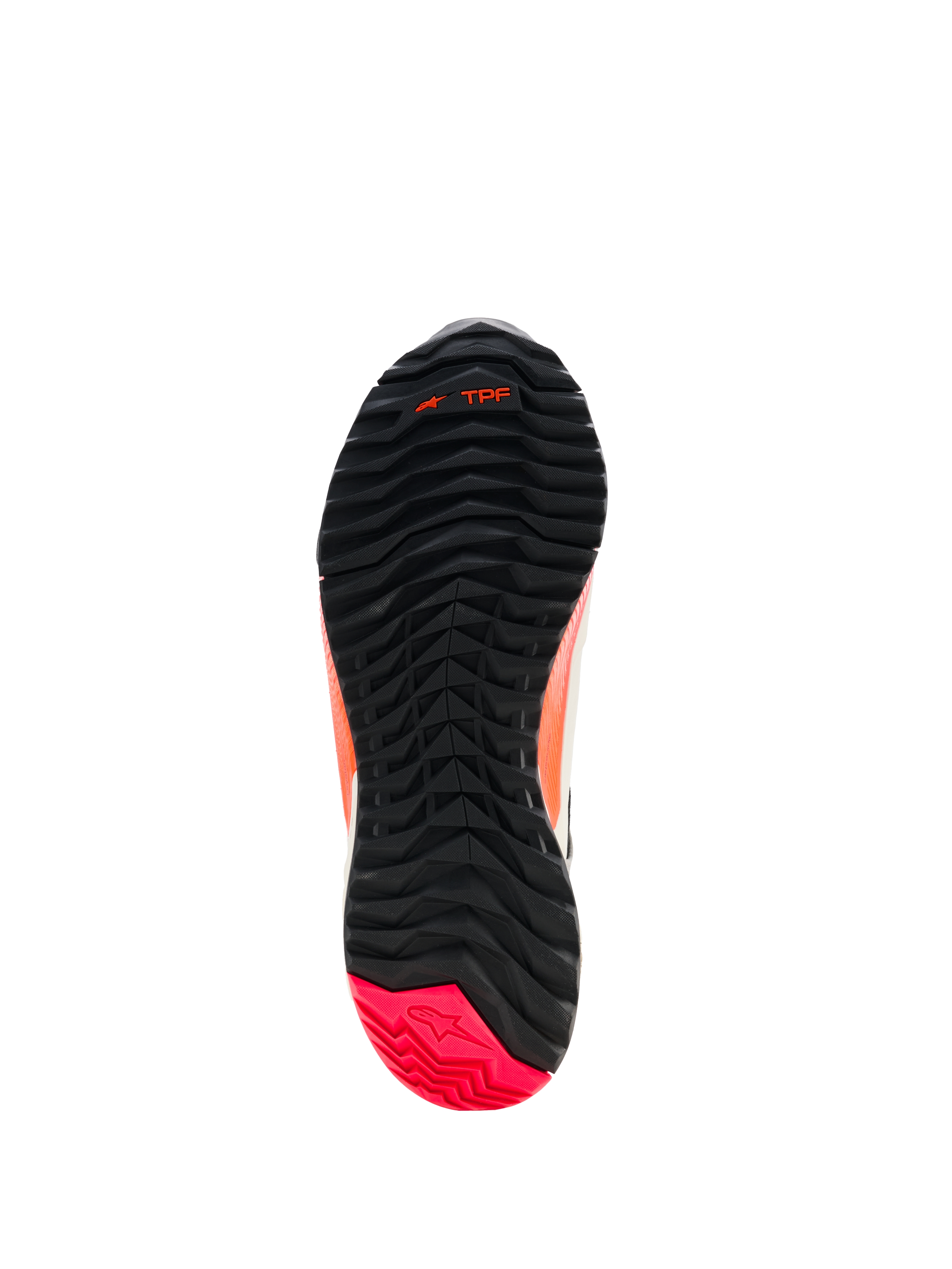 Alpinestars CR-X Damen-Drystar® Motorradschuhe, Ansicht der Außensohle, Schwarz mit Ferse in Diva Pink, robustes Profil mit asymmetrischer Stollenanordnung, Vorfuß-Flexrillen und TPF-Branding