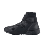 Alpinestars CR-1 Shoes, Motorcycle Riding Shoes, Black and Dark Gray, side profile view featuring 3D mesh and microfiber construction, integrated ankle collar, and Alpinestars branding on the side.