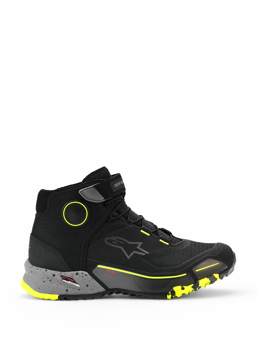 Alpinestars CR-X Drystar Motorradschuhe, knöchelhohe urbane Motorrad-Sneaker, Schwarz mit dunkelgrau gesprenkelter Zwischensohle und neongelben Akzenten, wasserdichte Drystar-Membran, robuste profilierte Sohle, schützendes Freizeit-Schuhwerk