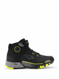 Alpinestars CR-X Drystar Motorradschuhe, knöchelhohe urbane Motorrad-Sneaker, Schwarz mit dunkelgrau gesprenkelter Zwischensohle und neongelben Akzenten, wasserdichte Drystar-Membran, robuste profilierte Sohle, schützendes Freizeit-Schuhwerk