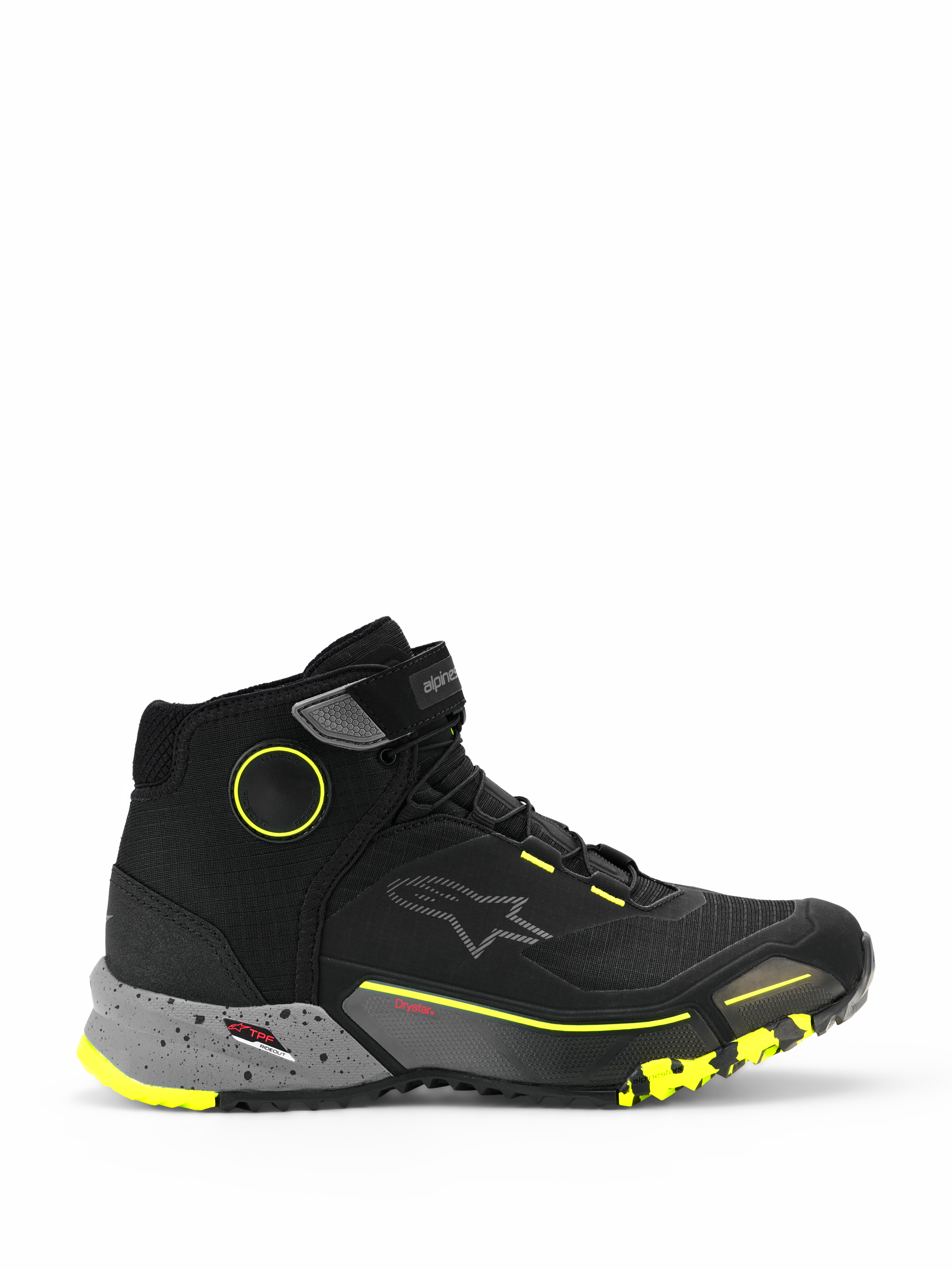 Alpinestars CR-X Drystar Motorradschuhe, knöchelhohe urbane Motorrad-Sneaker, Schwarz mit dunkelgrau gesprenkelter Zwischensohle und neongelben Akzenten, wasserdichte Drystar-Membran, robuste profilierte Sohle, schützendes Freizeit-Schuhwerk
