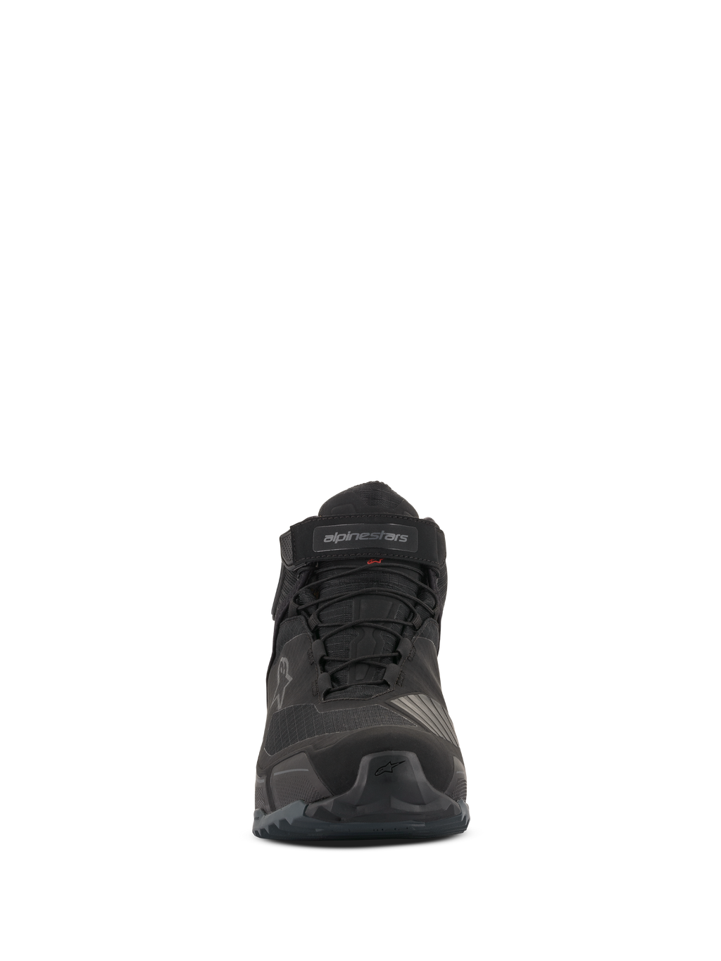 Alpinestars CR-X Drystar® Motorradschuhe, Vorderansicht, Komplett Schwarz, wasserfeste Motorradschuhe mit Schnürsenkeln und Klettriemen am Knöchel, sportliches, von Laufschuhen inspiriertes Design
