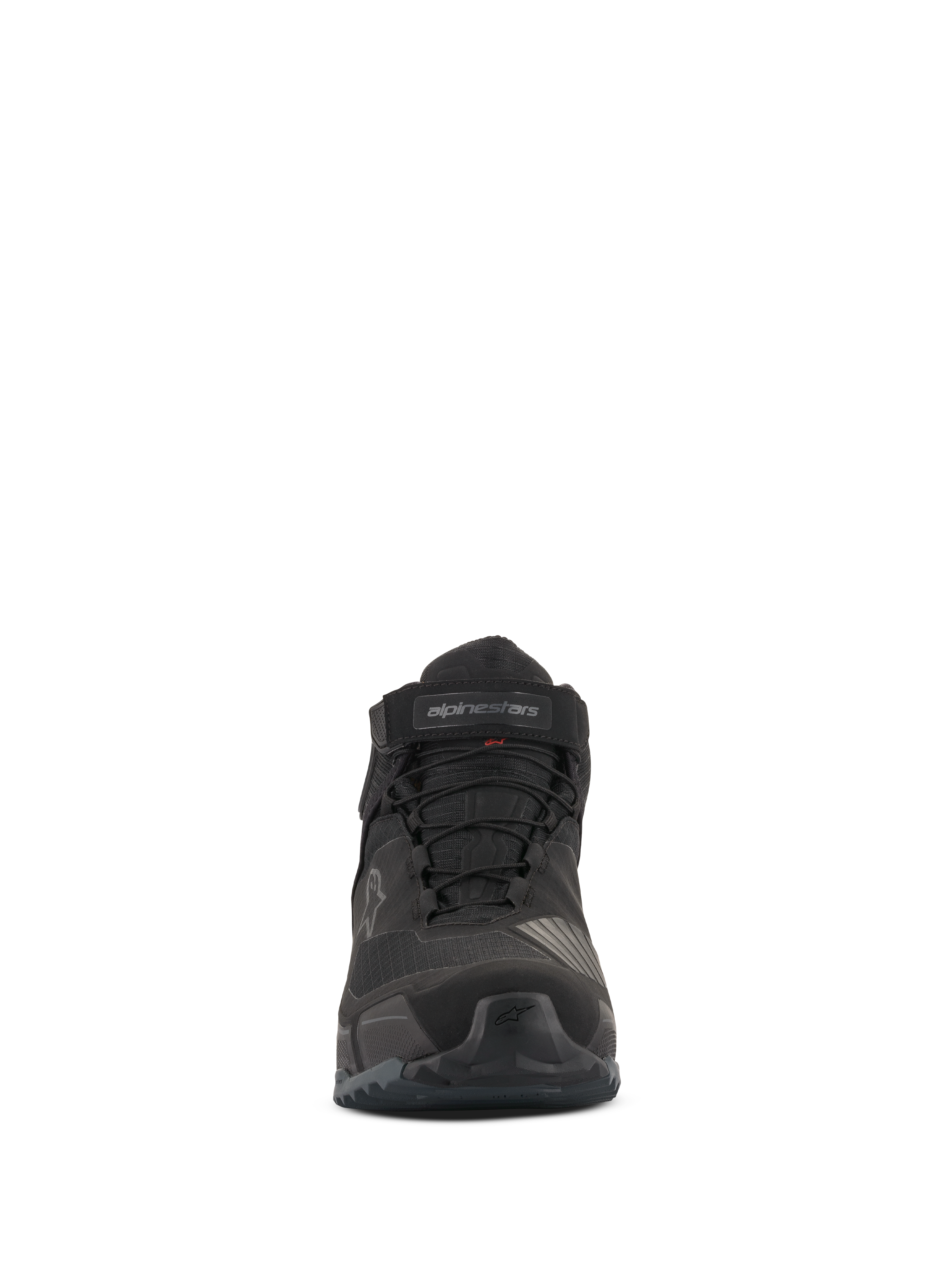 Alpinestars CR-X Drystar® Motorradschuhe, Vorderansicht, Komplett Schwarz, wasserfeste Motorradschuhe mit Schnürsenkeln und Klettriemen am Knöchel, sportliches, von Laufschuhen inspiriertes Design