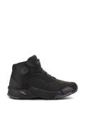 Alpinestars CR-X Drystar Motorradschuhe, schwarze Motorradbekleidung, Seitenansicht, wasserfester Urban-Riding-Schuh, Schnürung mit Klettverschluss-Riemen, dicke profilierte Gummisohle, sportliches Design mit Alpinestars-Branding