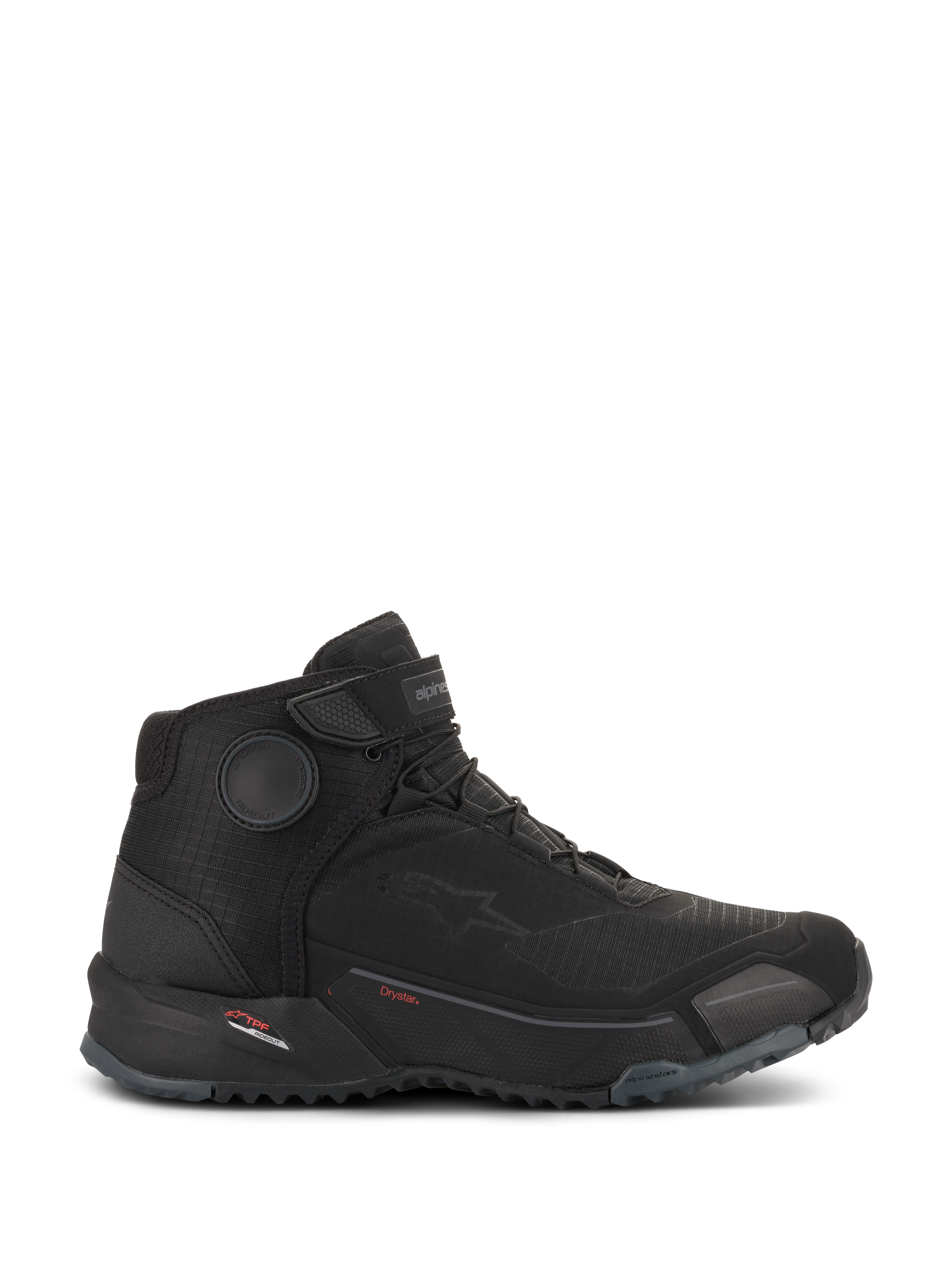 Alpinestars CR-X Drystar Motorradschuhe, schwarze Motorradbekleidung, Seitenansicht, wasserfester Urban-Riding-Schuh, Schnürung mit Klettverschluss-Riemen, dicke profilierte Gummisohle, sportliches Design mit Alpinestars-Branding