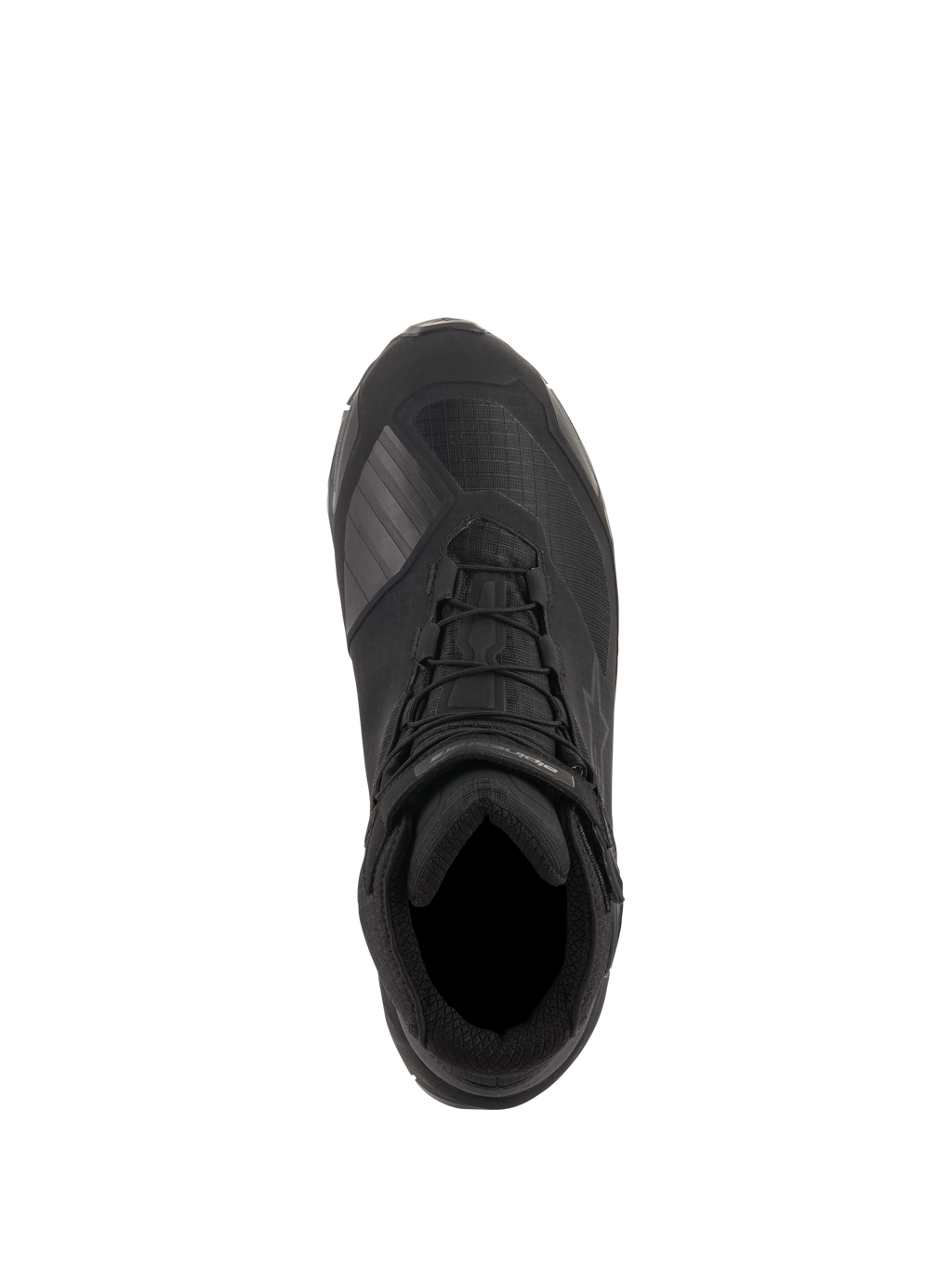 Alpinestars CR-X Drystar® Riding Shoes, Schwarz, Ansicht von oben zeigt die technische Textilkonstruktion, integrierte Schnürsenkel mit Knöchelriemen und die schützende TPU-Schaltzone, wasserdichte Motorradschuhe für ganztägigen Komfort.