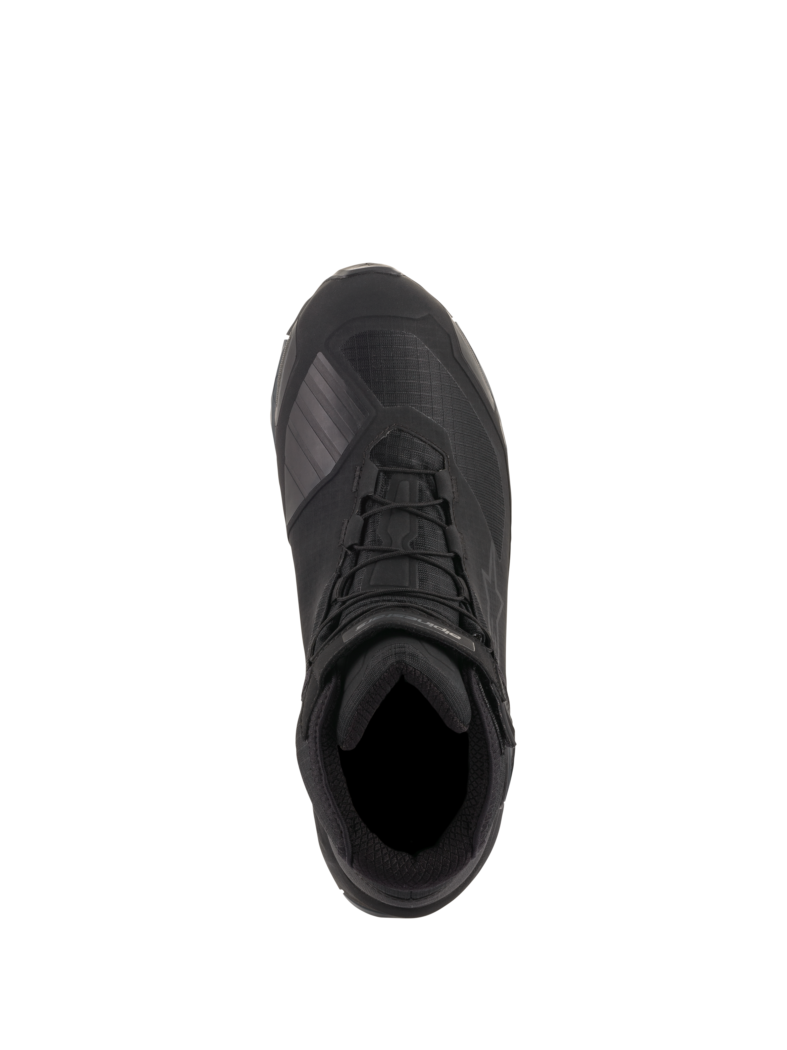 Alpinestars CR-X Drystar® Riding Shoes, Schwarz, Ansicht von oben zeigt die technische Textilkonstruktion, integrierte Schnürsenkel mit Knöchelriemen und die schützende TPU-Schaltzone, wasserdichte Motorradschuhe für ganztägigen Komfort.