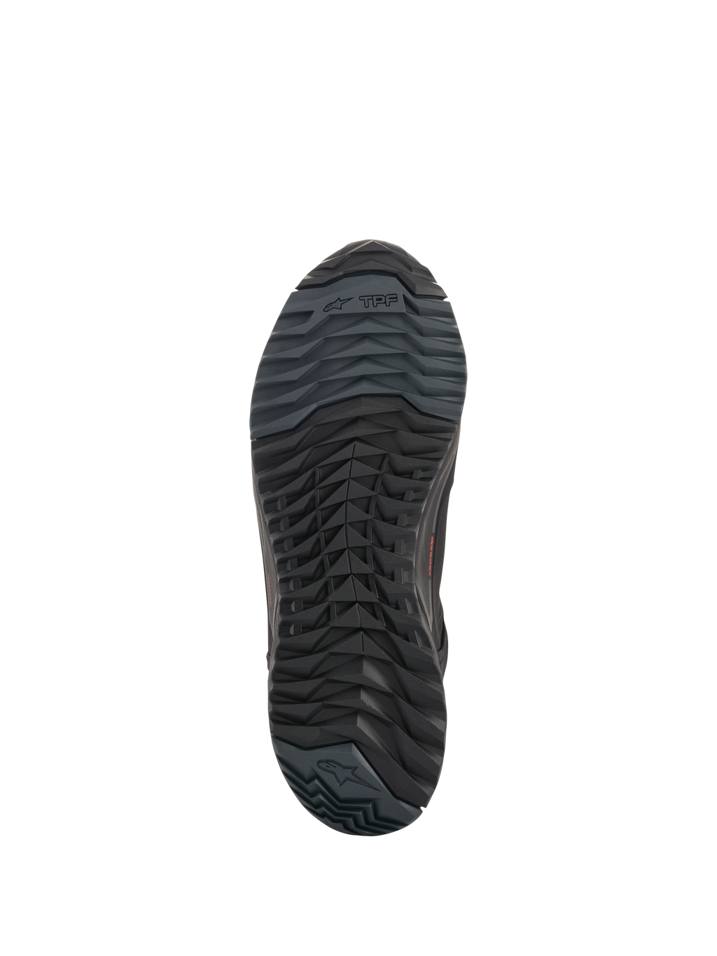 Alpinestars CR-X Drystar® Riding Shoes, Motorradschuhe, Schwarz, Unteransicht der Außensohle mit asymmetrischer Stollenkonfiguration, ölbeständiger Gummimischung und Alpinestars-Branding.