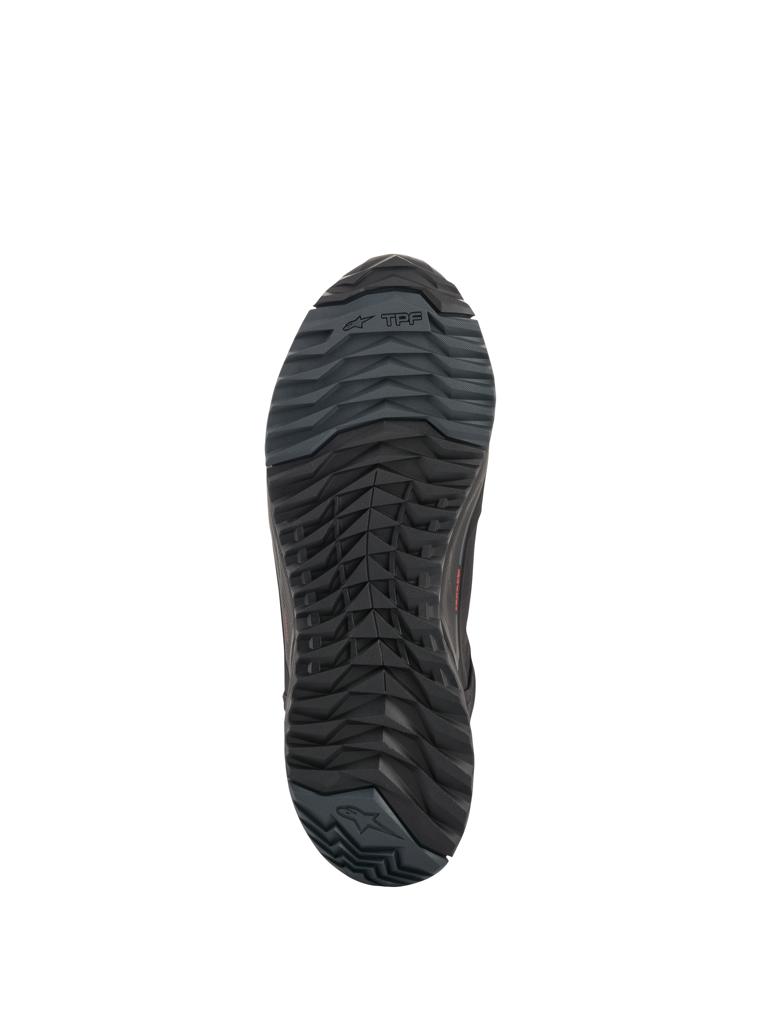 Alpinestars CR-X Drystar® Riding Shoes, Motorradschuhe, Schwarz, Unteransicht der Außensohle mit asymmetrischer Stollenkonfiguration, ölbeständiger Gummimischung und Alpinestars-Branding.