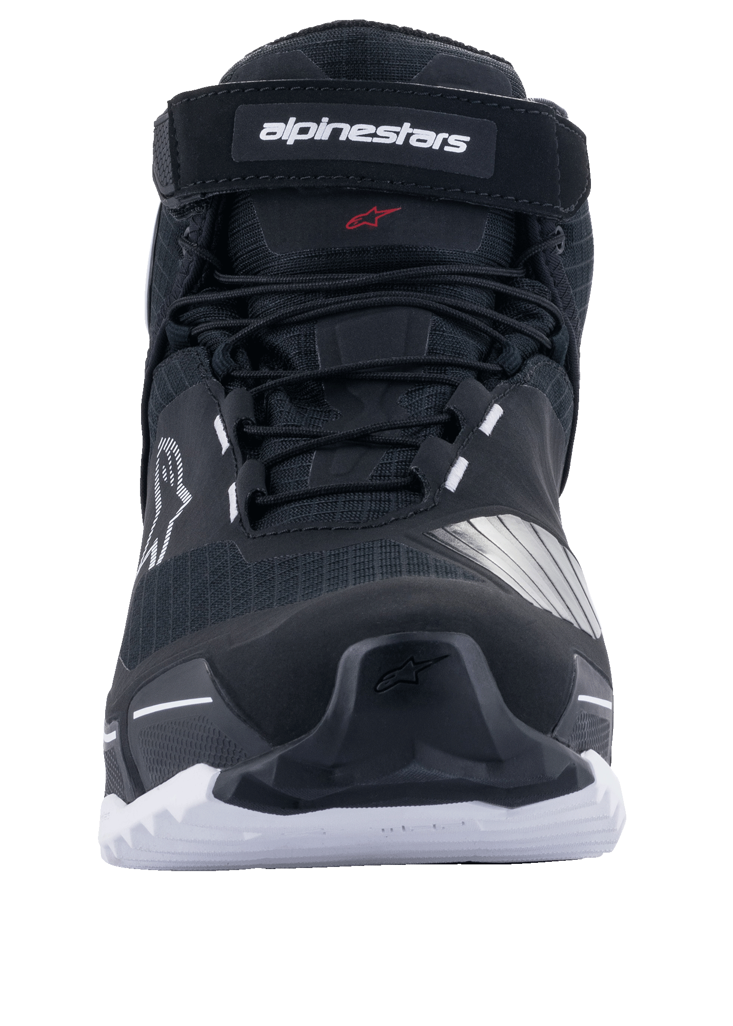 Alpinestars CR-X Drystar® Motorradschuhe, Schwarz und Weiß, Frontansicht mit Schnürsenkeln und Alpinestars-Markenriemen oben, weiße Sohle mit griffigem Profil, sportliches Laufschuh-inspiriertes Design für Straßen- und Adventure-Fahrten