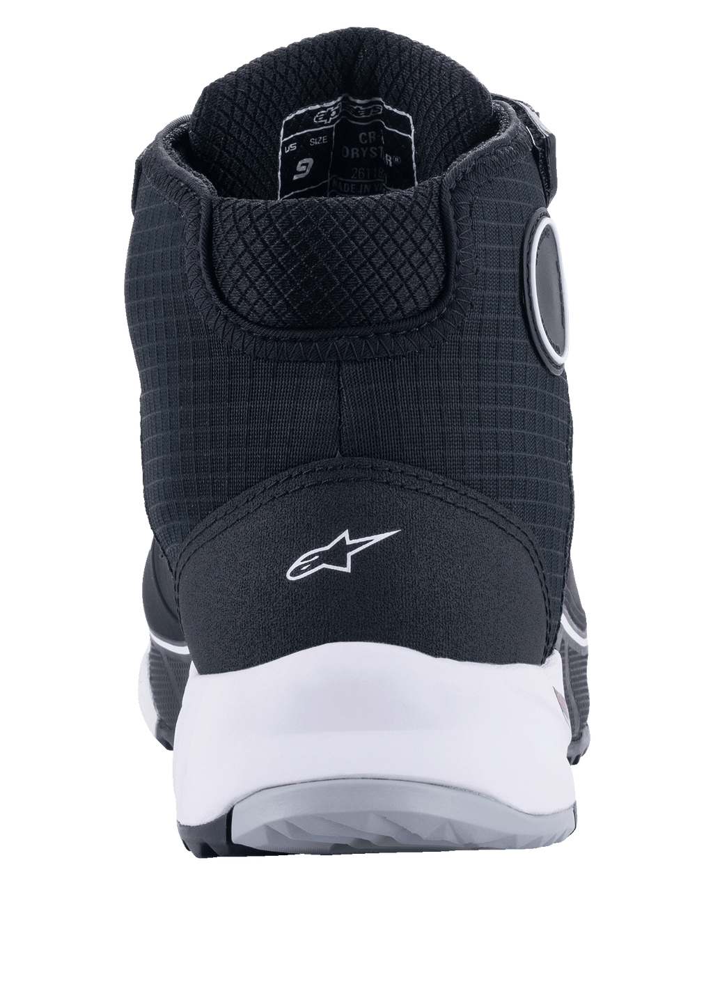 Alpinestars CR-X Drystar® Motorradschuhe, Schwarz und Weiß, Rückansicht mit weißer Zwischensohle und Fersenlogo, texturiertes Textil-Obermaterial mit schützender High-Top-Konstruktion, für wasserdichtes Motorradfahren und Gehkomfort