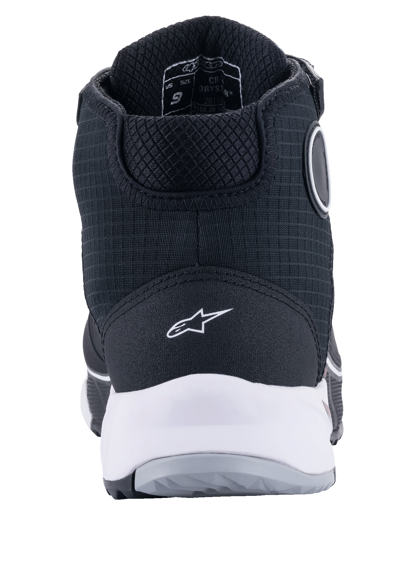 Alpinestars CR-X Drystar® Motorradschuhe, Schwarz und Weiß, Rückansicht mit weißer Zwischensohle und Fersenlogo, texturiertes Textil-Obermaterial mit schützender High-Top-Konstruktion, für wasserdichtes Motorradfahren und Gehkomfort