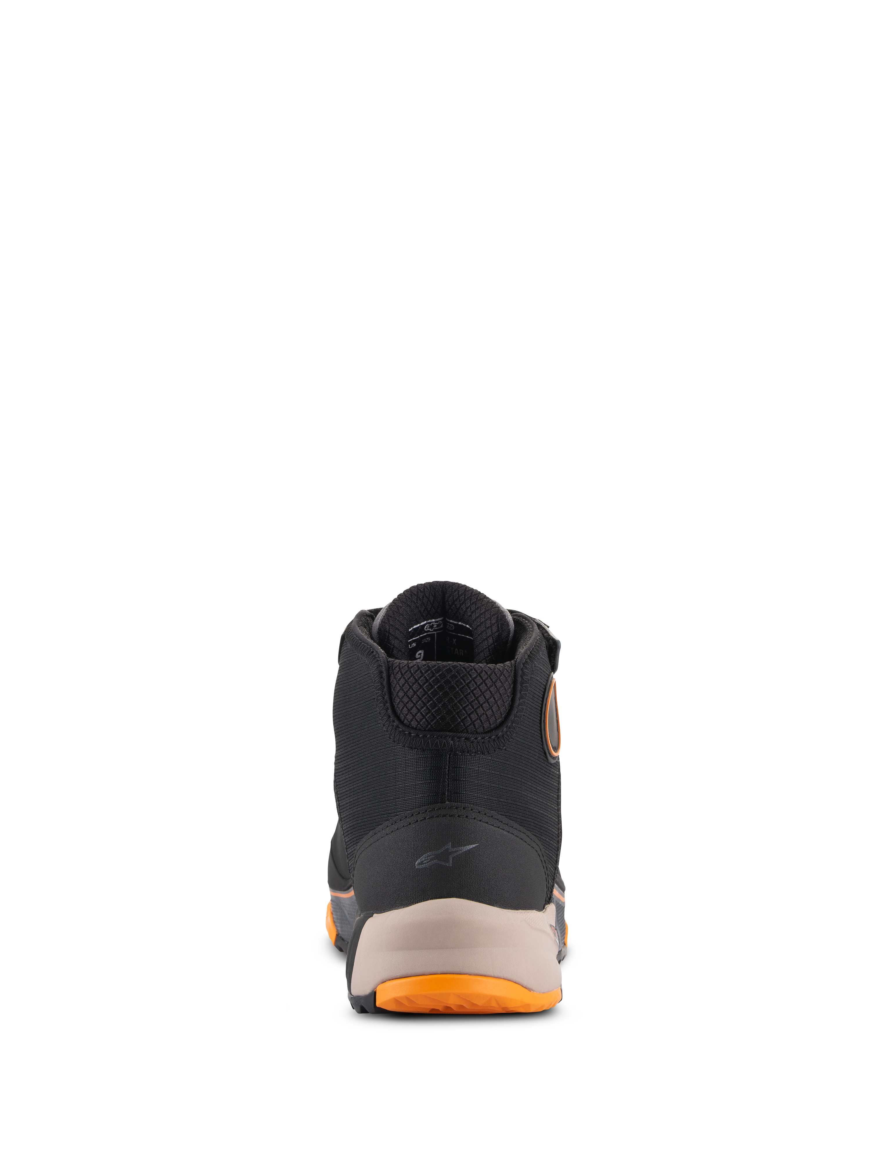 Alpinestars CR-X Drystar® Motorradschuhe, Motorradschuhe, Schwarz, Hellbraun und Orange, Rückansicht mit verstärkter Ferse und kleinem Alpinestars-Logo, gepolstertem Kragen und orangefarbenen Sohlenakzenten, wasserdichtes Motorradschuhwerk