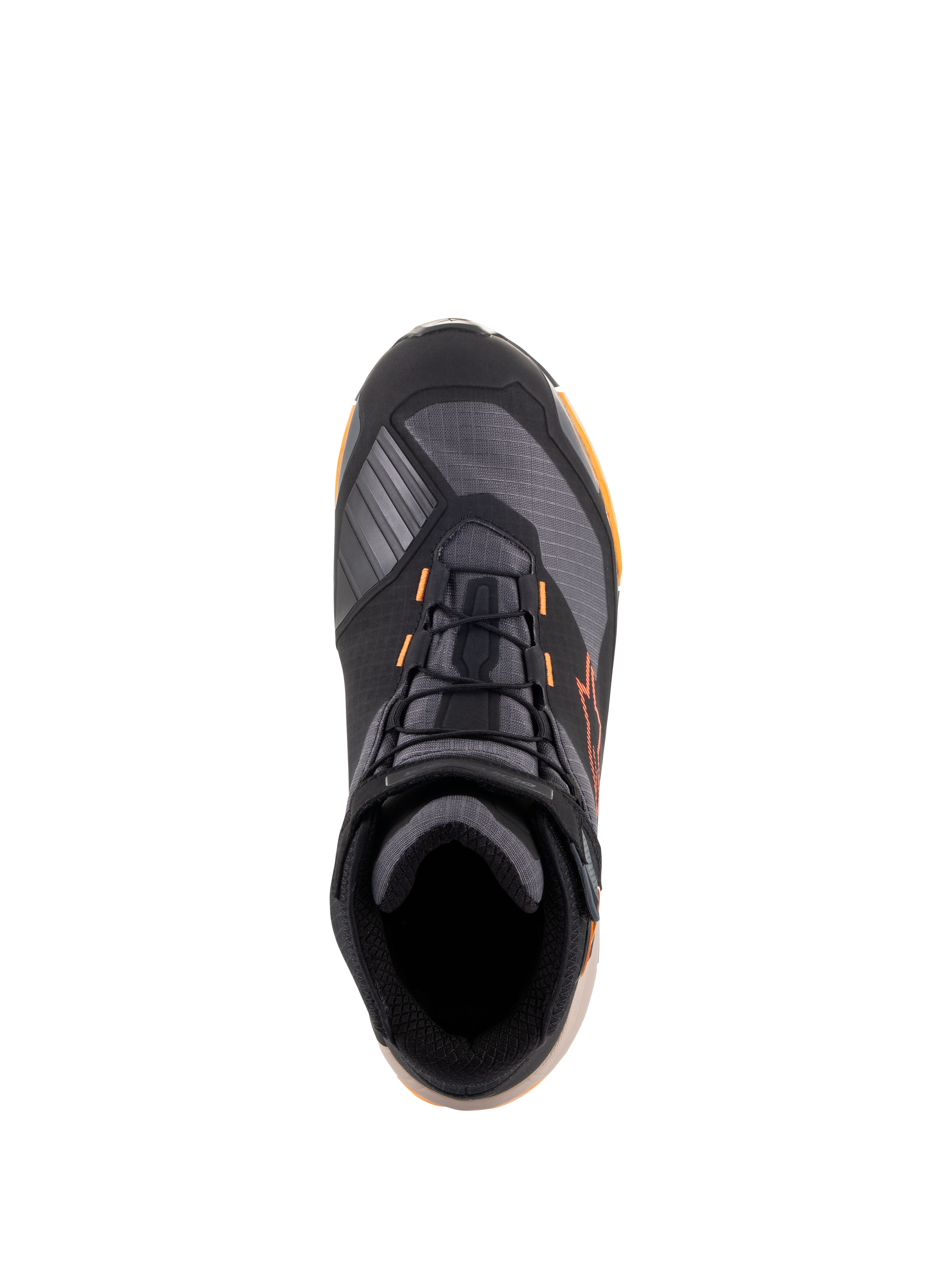 Alpinestars CR-X Drystar® Motorradschuhe, Draufsicht, Farbgebung Schwarz, Hellbraun und Orange, sportliche Motorradschuhe mit schwarzen Schnürsenkeln, orangen Akzenten und hellbrauner Sohle, wasserdichte Schutzausrüstung für Straßen- und Stadtfahrten.