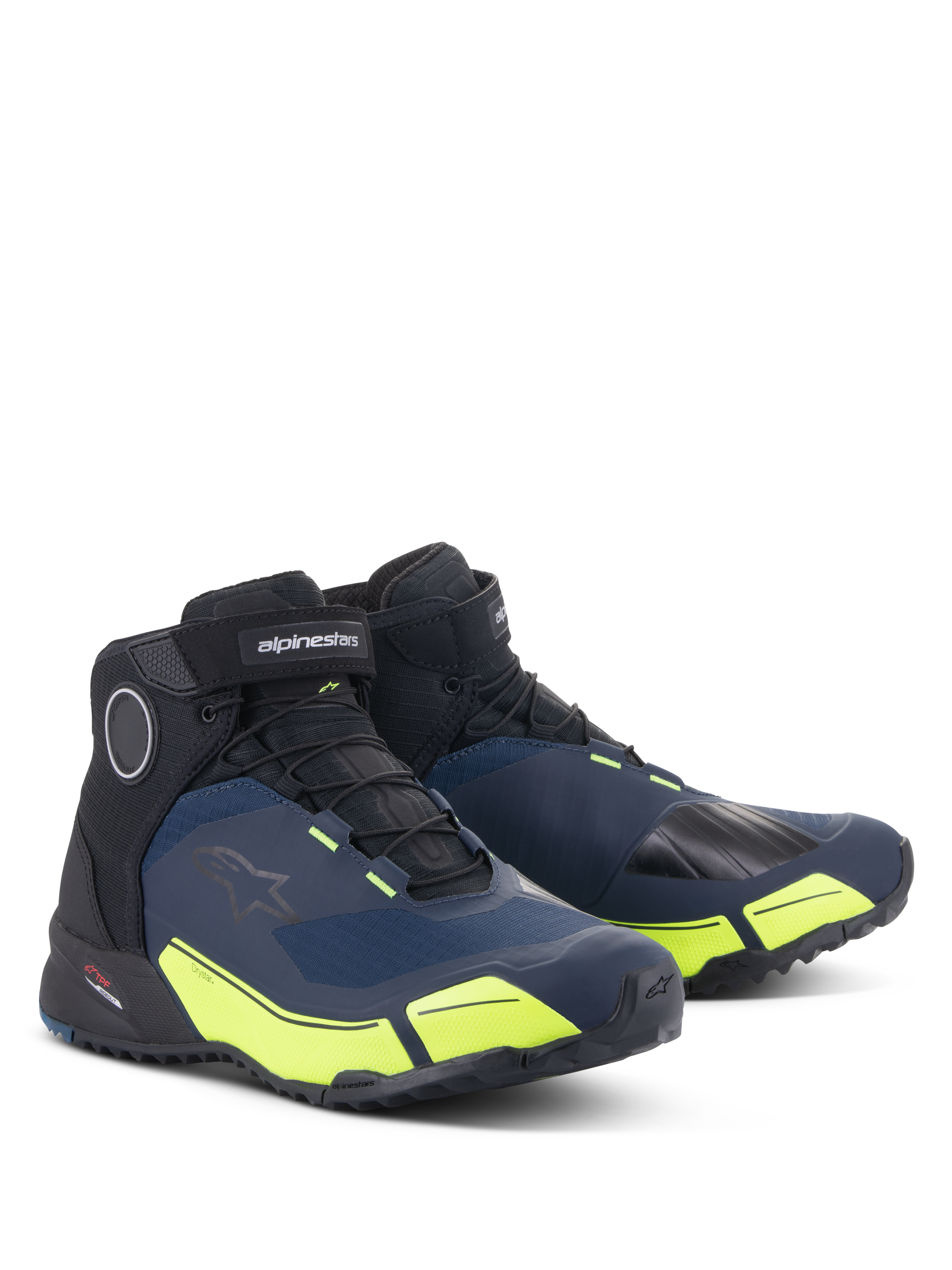 Alpinestars CR-X Drystar® Motorradschuhe, Schwarz, Dunkelblau und Gelb Fluo, wasserdichte Motorradschuhe mit Laufschuh-Silhouette, Mid-Cut-Design mit sportlichem Styling und leuchtenden neongelben Akzenten
