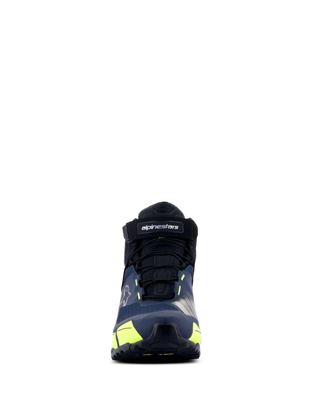 Alpinestars CR-X Drystar® Motorradschuhe, Schwarz, Dunkelblau und Gelb Fluo, Frontansicht, mit Klettverschluss mit Alpinestars-Branding, schwarzen Schnürsenkeln und leuchtend gelben Akzenten, sportlich inspiriertes Design für ganztägigen Tragekomfort.