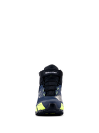 Alpinestars CR-X Drystar® Motorradschuhe, Schwarz, Dunkelblau und Gelb Fluo, Frontansicht, mit Klettverschluss mit Alpinestars-Branding, schwarzen Schnürsenkeln und leuchtend gelben Akzenten, sportlich inspiriertes Design für ganztägigen Tragekomfort.