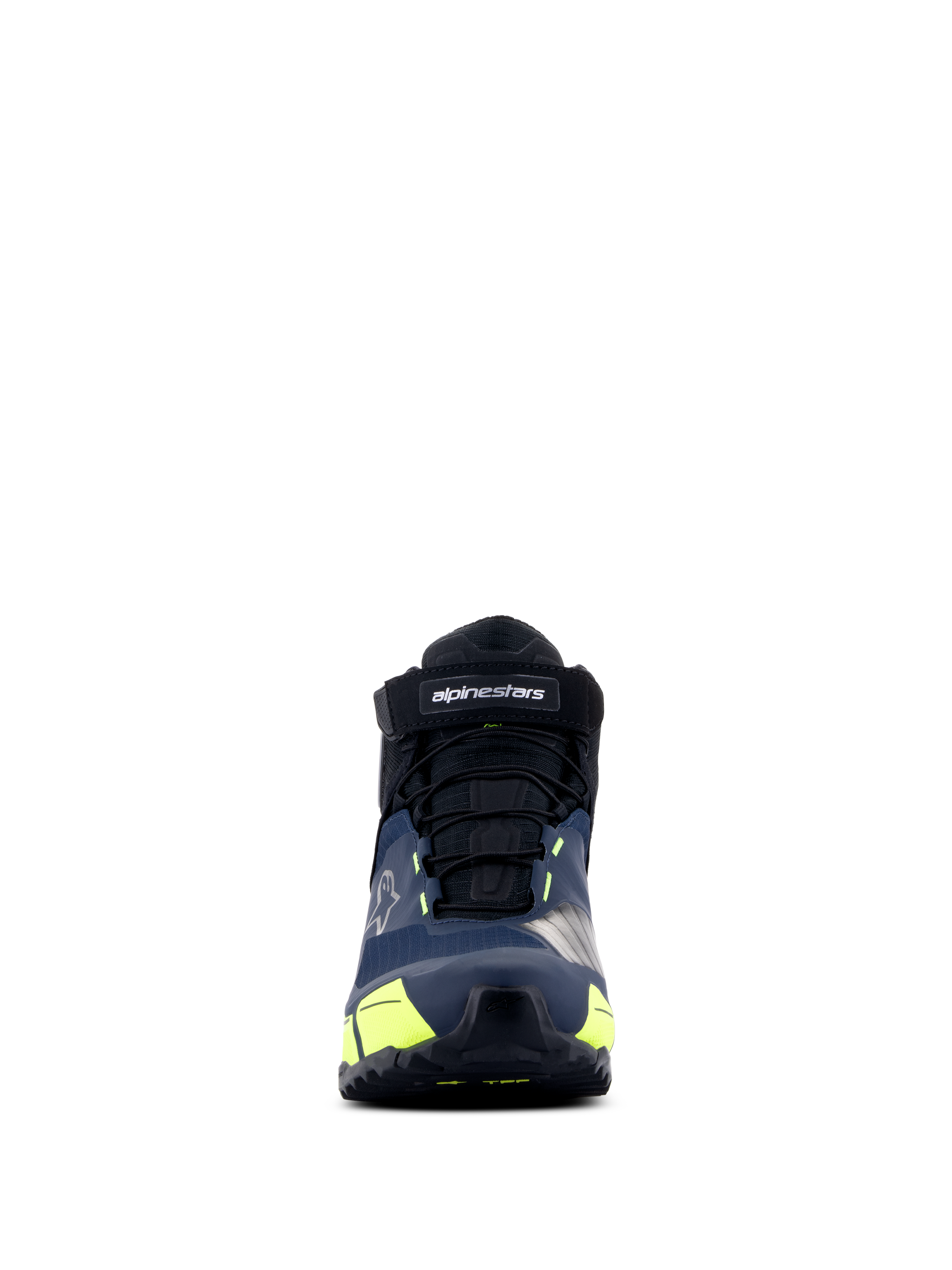 Alpinestars CR-X Drystar® Motorradschuhe, Schwarz, Dunkelblau und Gelb Fluo, Frontansicht, mit Klettverschluss mit Alpinestars-Branding, schwarzen Schnürsenkeln und leuchtend gelben Akzenten, sportlich inspiriertes Design für ganztägigen Tragekomfort.