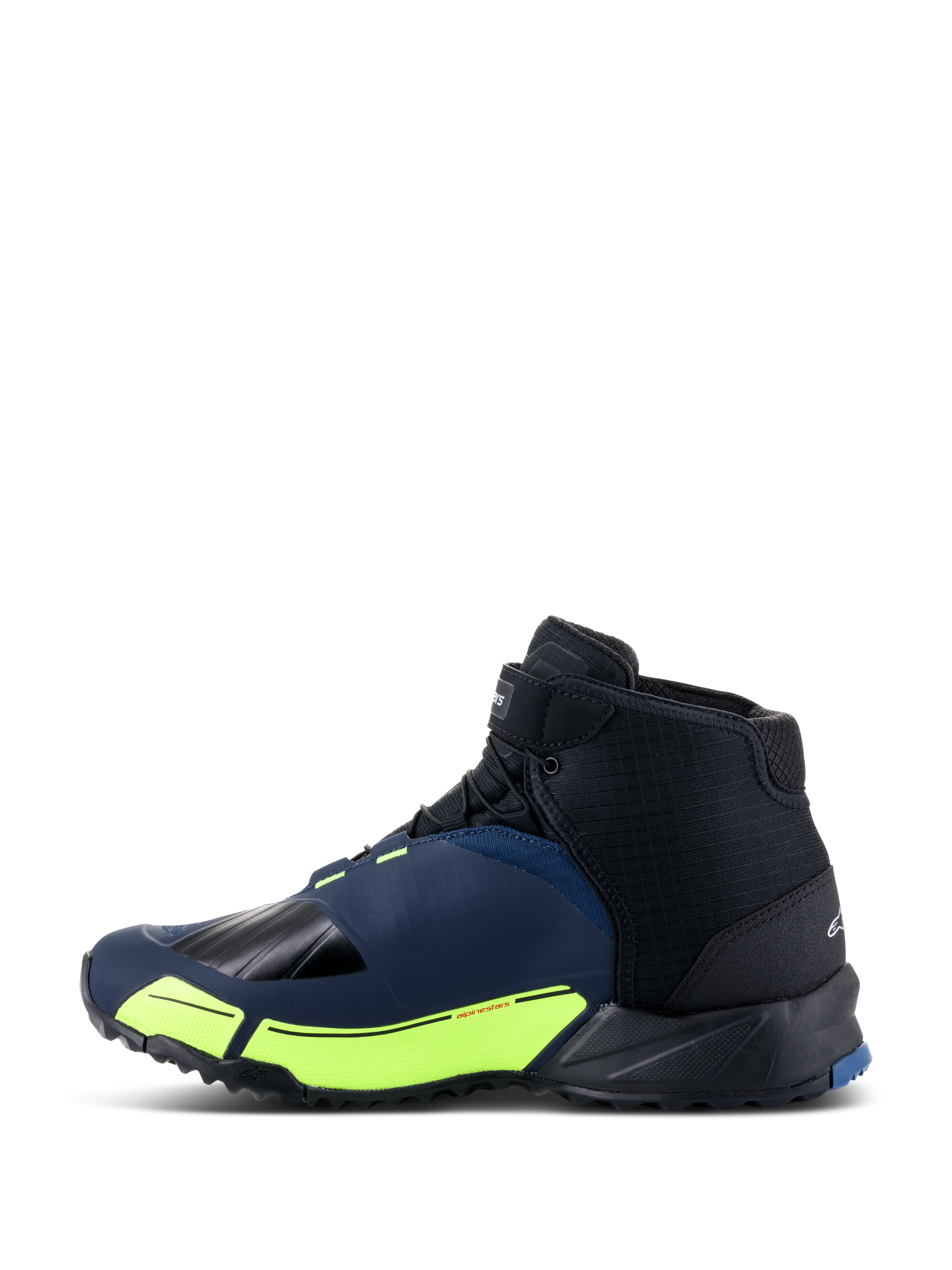 Alpinestars CR-X Drystar® Motorradschuhe, Schwarz, Dunkelblau und Gelb Fluo, Seitenprofil mit einer Laufschuh-Silhouette, wasserdichte Drystar-Membran, fluoreszierend gelbe Akzente an der Zwischensohle und verstärkter Zehen- und Fersenbereich für Schutz.