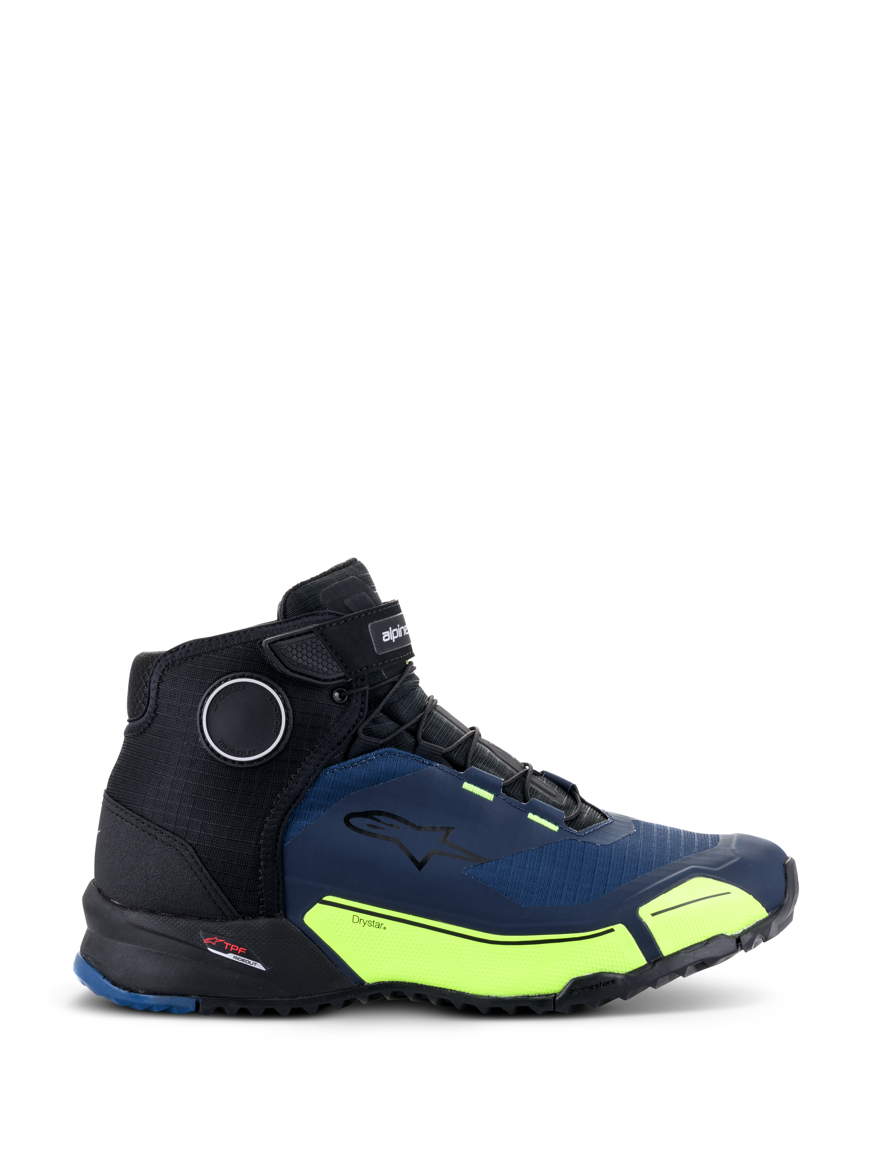 Alpinestars CR-X Drystar® Motorradschuhe, Schwarz, Dunkelblau und Gelb Fluo, sportliches Design mit schwarzen Schnürsenkeln und Klettverschluss oben, leuchtend gelbe Akzente auf der Zwischensohle mit Drystar-Branding, Alpinestars Stern-Logo auf der Seite, technisches Schuhwerk für urbanes Fahren