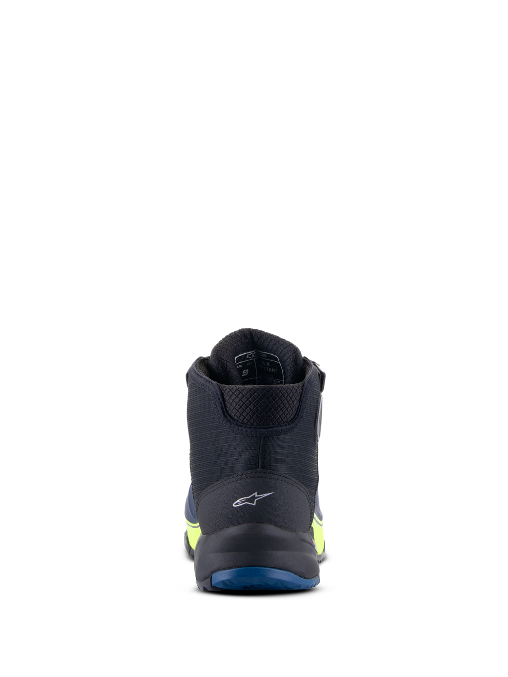 Alpinestars CR-X Drystar® Motorradschuhe, Schwarz, Dunkelblau und Gelb Fluo, Rückansicht mit Fokus auf das Fersenlogo und die blaue Außensohle, wasserdichte Performance mit neongelben Akzenten