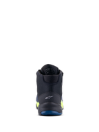Alpinestars CR-X Drystar® Motorradschuhe, Schwarz, Dunkelblau und Gelb Fluo, Rückansicht mit Fokus auf das Fersenlogo und die blaue Außensohle, wasserdichte Performance mit neongelben Akzenten