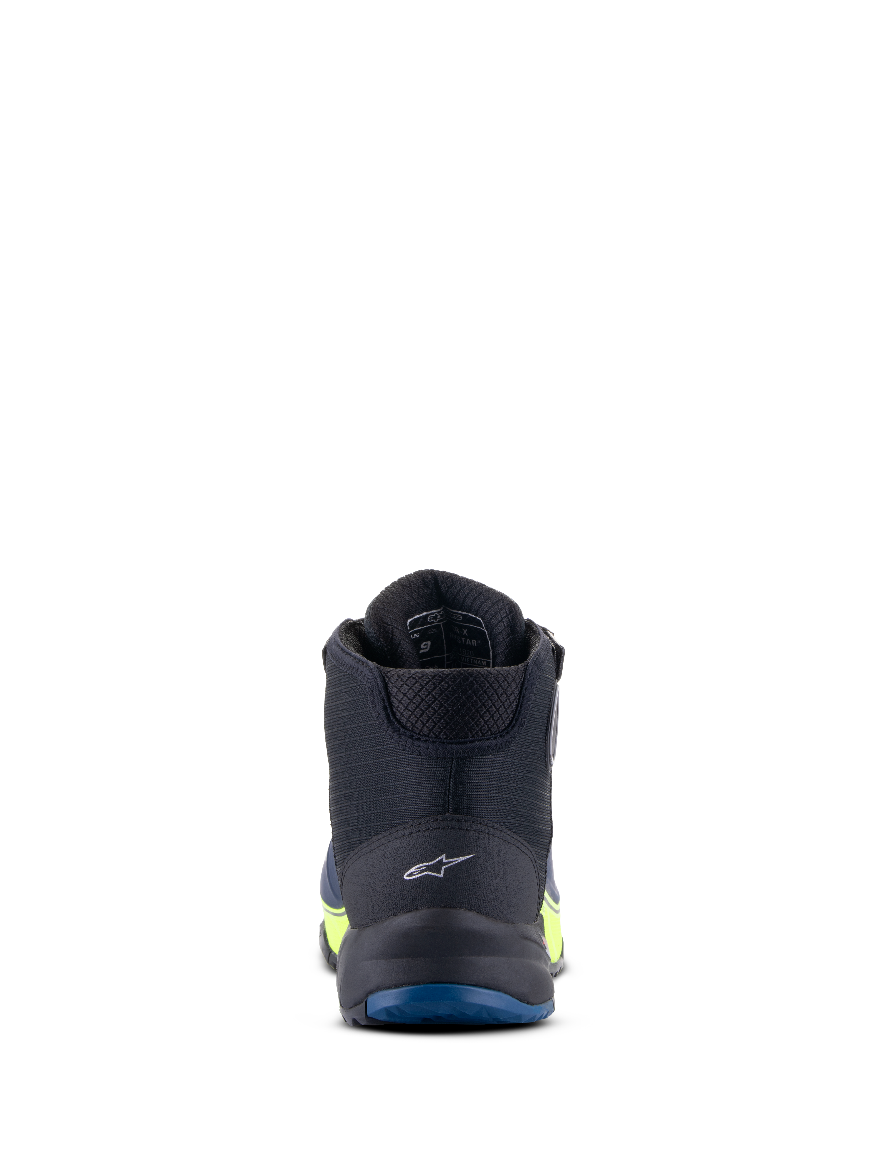 Alpinestars CR-X Drystar® Motorradschuhe, Schwarz, Dunkelblau und Gelb Fluo, Rückansicht mit Fokus auf das Fersenlogo und die blaue Außensohle, wasserdichte Performance mit neongelben Akzenten
