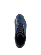 Alpinestars CR-X Drystar® Riding Shoes, Draufsicht, Schwarz, Dunkelblau und Gelb Fluo, wasserdichte Motorradschuhe mit einer Laufschuh-Silhouette, mit schwarzen Schnürsenkeln und leuchtend gelben Akzenten auf dunkelblauem Obermaterial