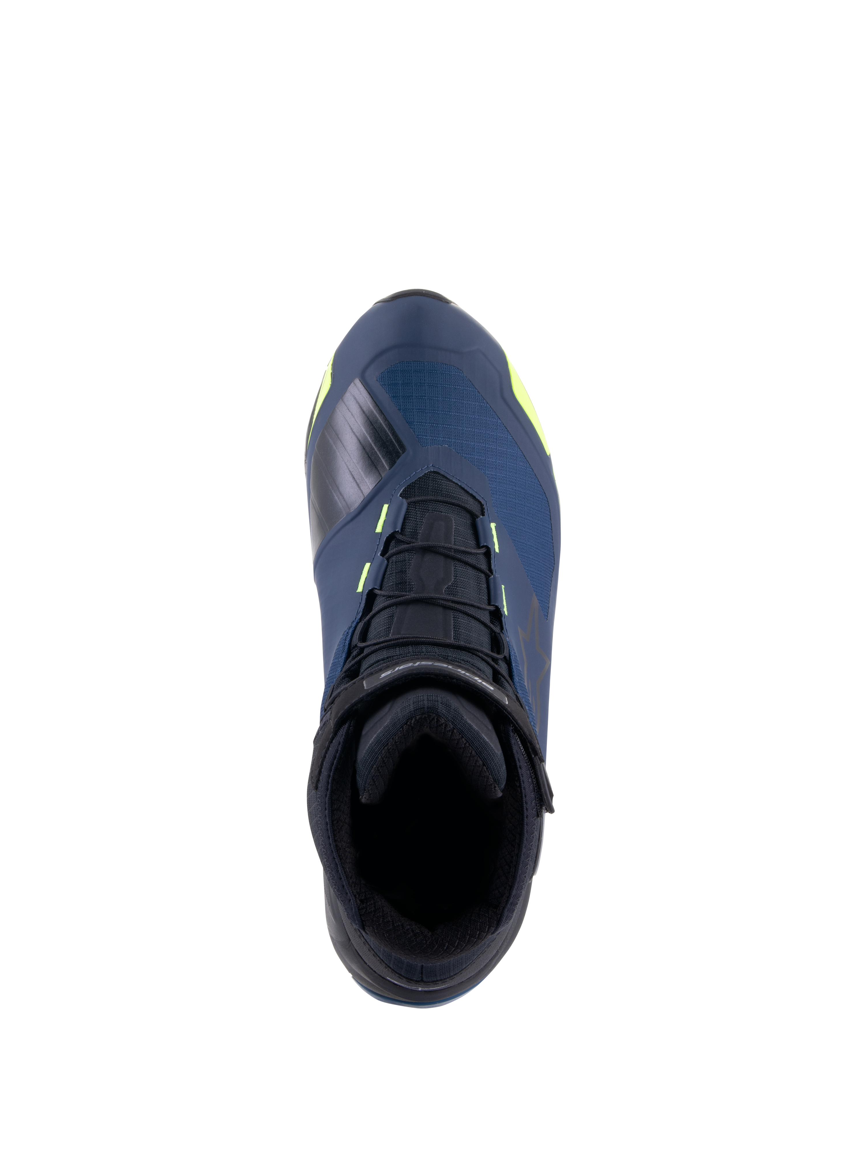 Alpinestars CR-X Drystar® Riding Shoes, Draufsicht, Schwarz, Dunkelblau und Gelb Fluo, wasserdichte Motorradschuhe mit einer Laufschuh-Silhouette, mit schwarzen Schnürsenkeln und leuchtend gelben Akzenten auf dunkelblauem Obermaterial