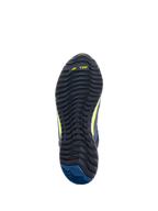 Alpinestars CR-X Drystar® Motorradschuhe, Außensohlenansicht, Schwarz mit TPF-Branding in Gelb Fluo und dunkelblauer Ferse, robustes, strukturiertes Profil für Traktion und ganztägigen Gehkomfort